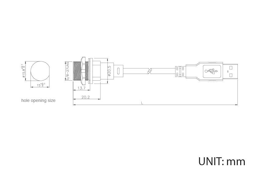Technische Zeichnung eines runden USB-Panels mit Abmessungen: Bohrungsgröße 15.7mm, Gesamtlänge 20.2mm, Gerät endet in einem USB-Stecker.