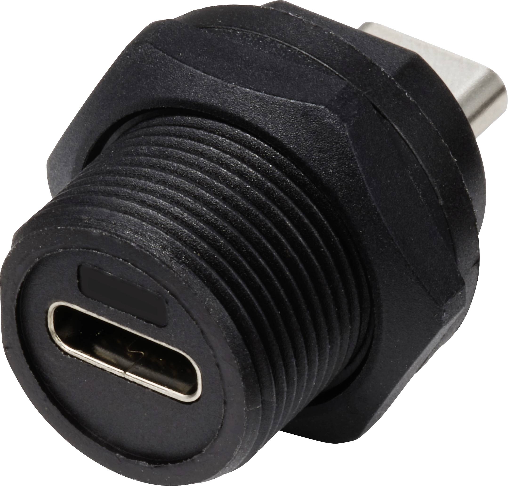 Ein schwarzer USB-C-Anschlussadapter mit einem runden, geriffelten Gehäuse, geeignet für den Einbau in Geräte oder Wandpaneele.