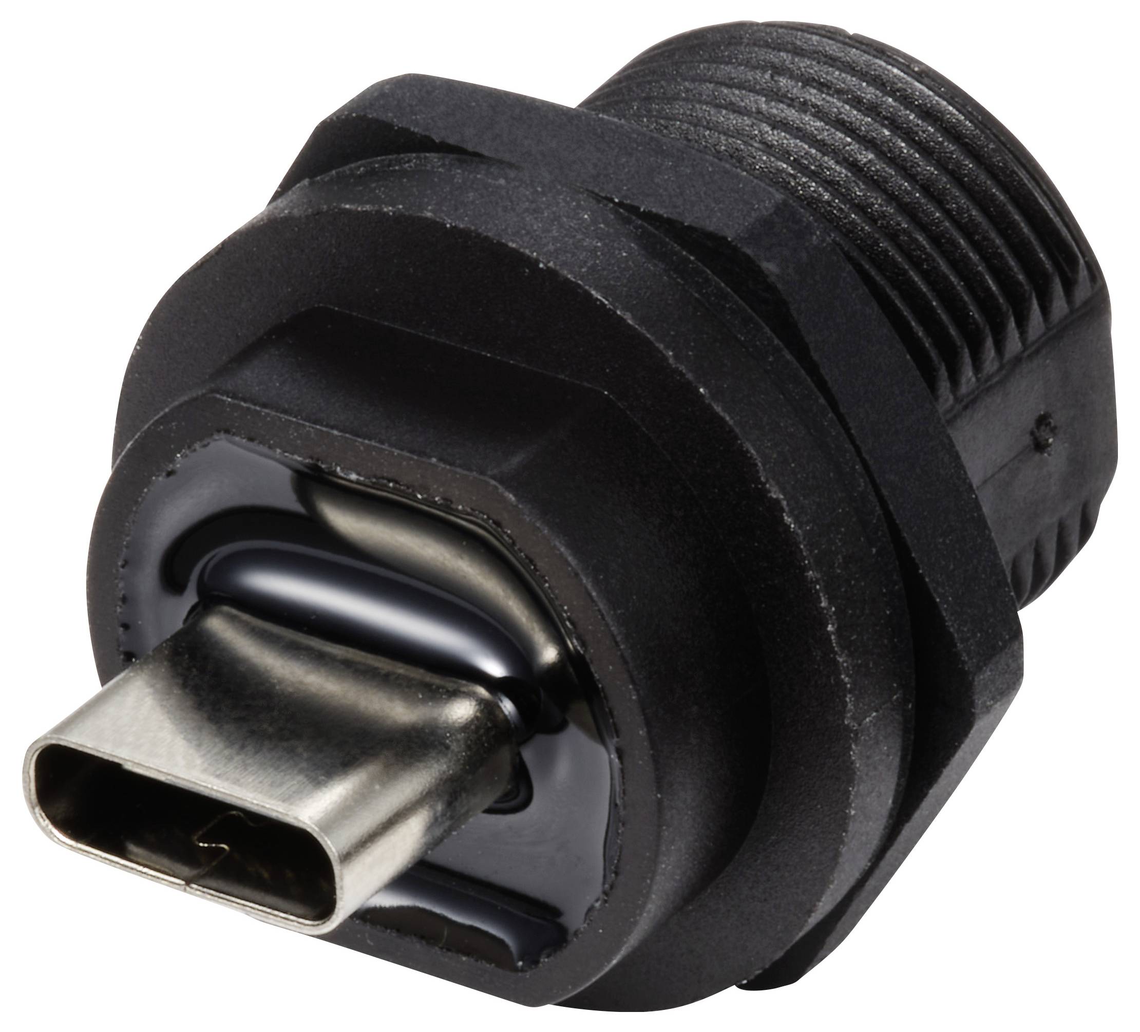 Ein schwarzer USB-C-Stecker mit Gewinde für Paneelmontage, zeigt die Vorderseite mit der Kupplung für eine Kabelverbindung.