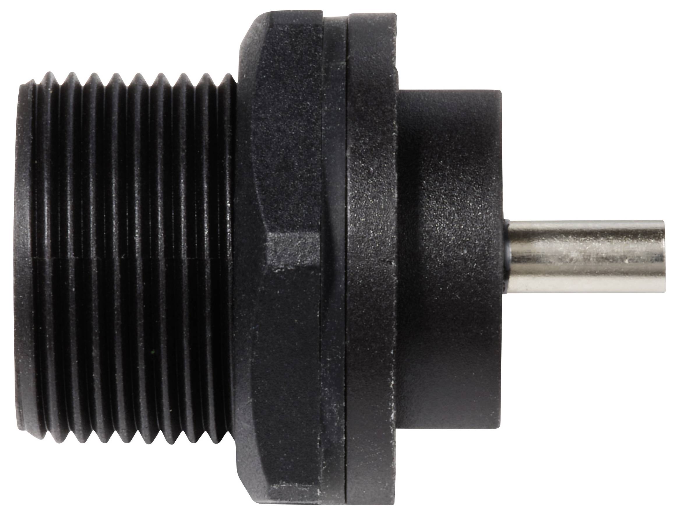 Schwarz-grauer zylindrischer Sensor oder Stecker mit Gewinde und Metallstift für industrielle Anwendungen.