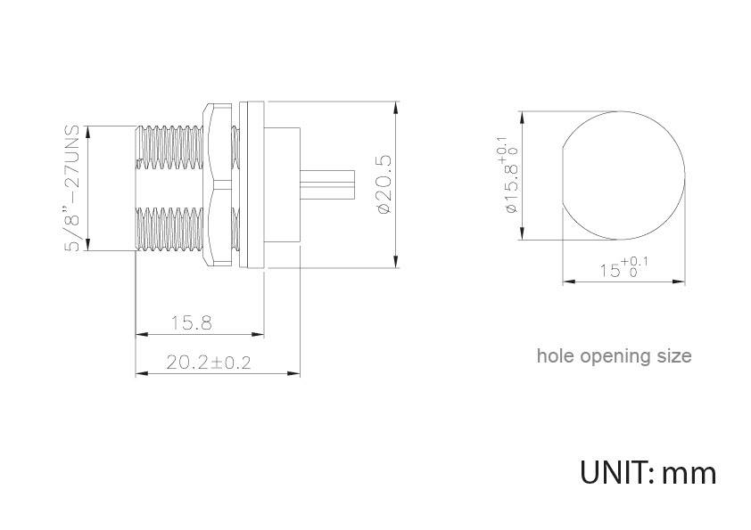 Diagramm mit Abmessungen eines zylindrischen Steckverbinders. Zeigt Durchmesser von 20,5 mm und 15,8 mm, Gewinde 5/8''-27UNS.