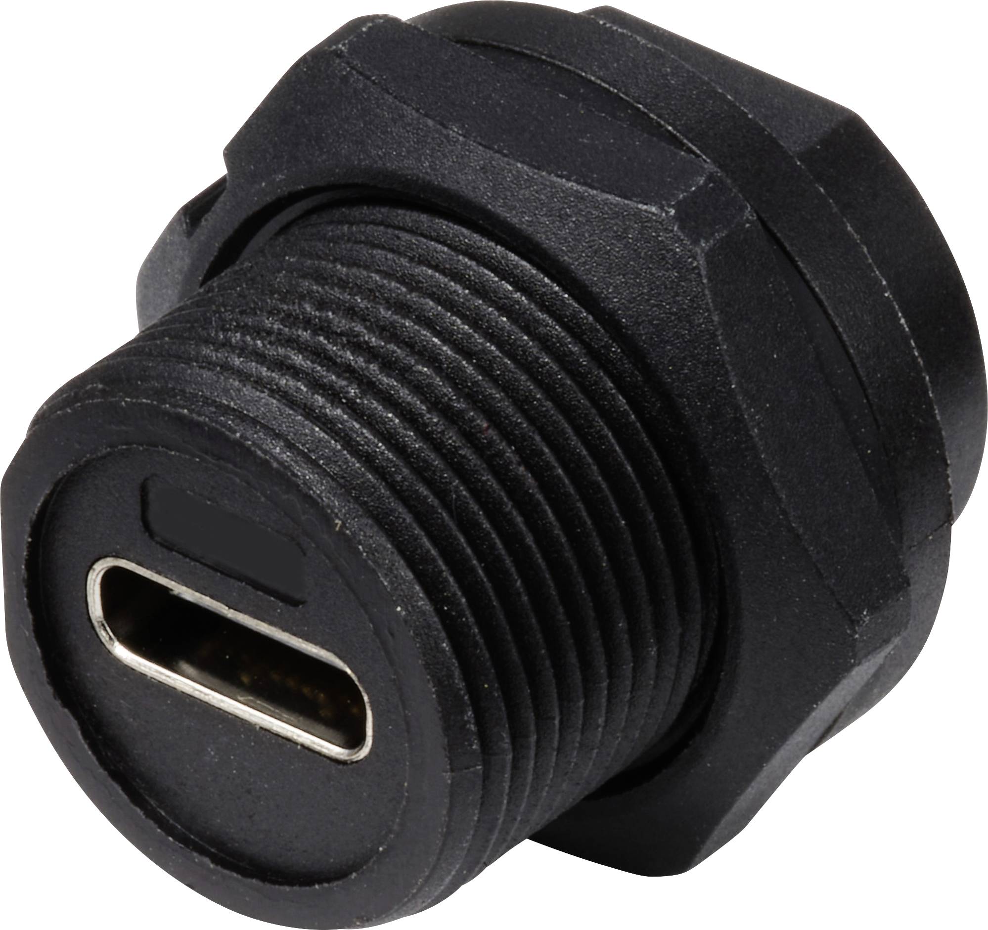 Schwarzer USB-C-Anschluss, robustes Design, geeignet für industrielle Anwendungen. Gerät zeigt Vorderansicht mit Anschlussöffnung.