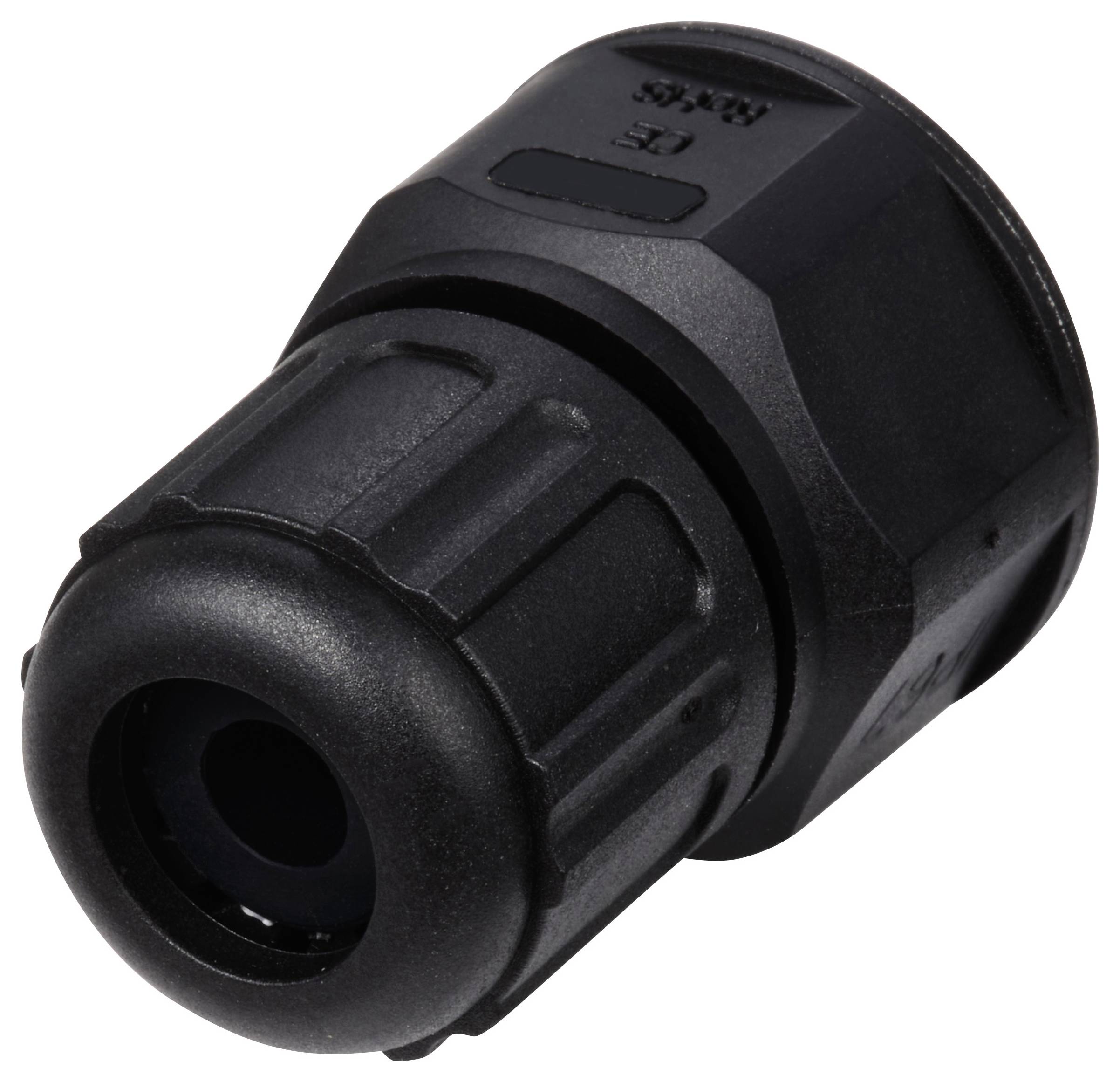 Ein schwarzer Kabelverbinder aus Kunststoff mit geripptem Design und einer schraubbaren Kappe, geeignet zur sicheren Verbindung elektrischer Kabel.