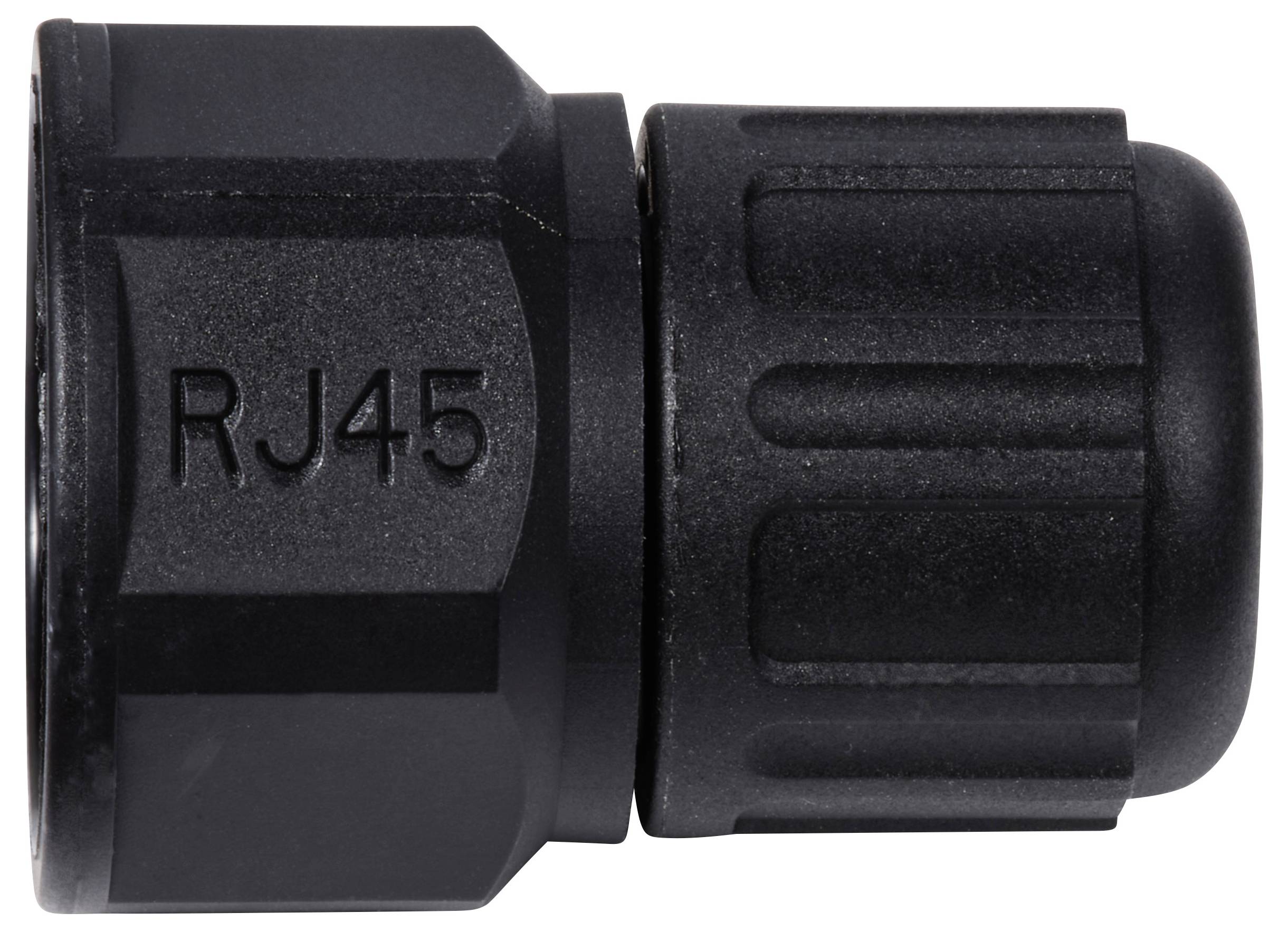 Ein schwarzer RJ45-Stecker, der für Ethernet-Verbindungen verwendet wird.