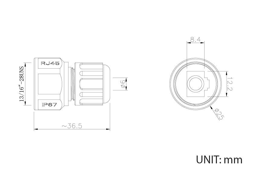 Technische Zeichnung eines runden Steckverbinders mit RJ45- und IP67-Kennzeichnung, zeigt Seiten- und Draufsicht mit Maßangaben in mm.