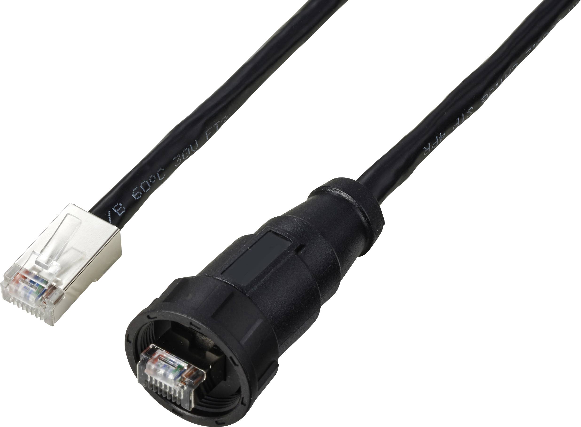 Schwarzes Ethernet-Kabel mit RJ45-Stecker und Industrieschutzkappe, geeignet für raue Umgebungen.