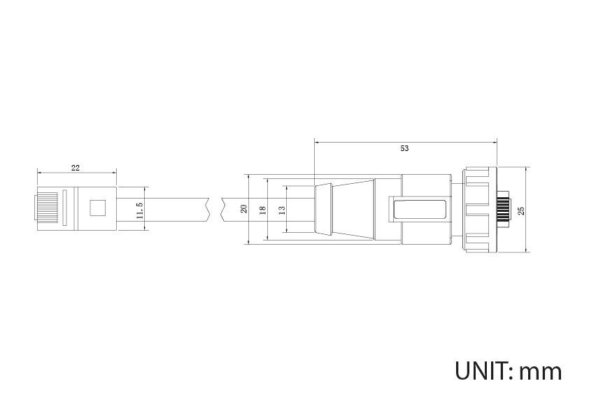 Technische Zeichnung eines Steckers mit Maßangaben in Millimetern, inklusive Breiten- und Längenangaben.