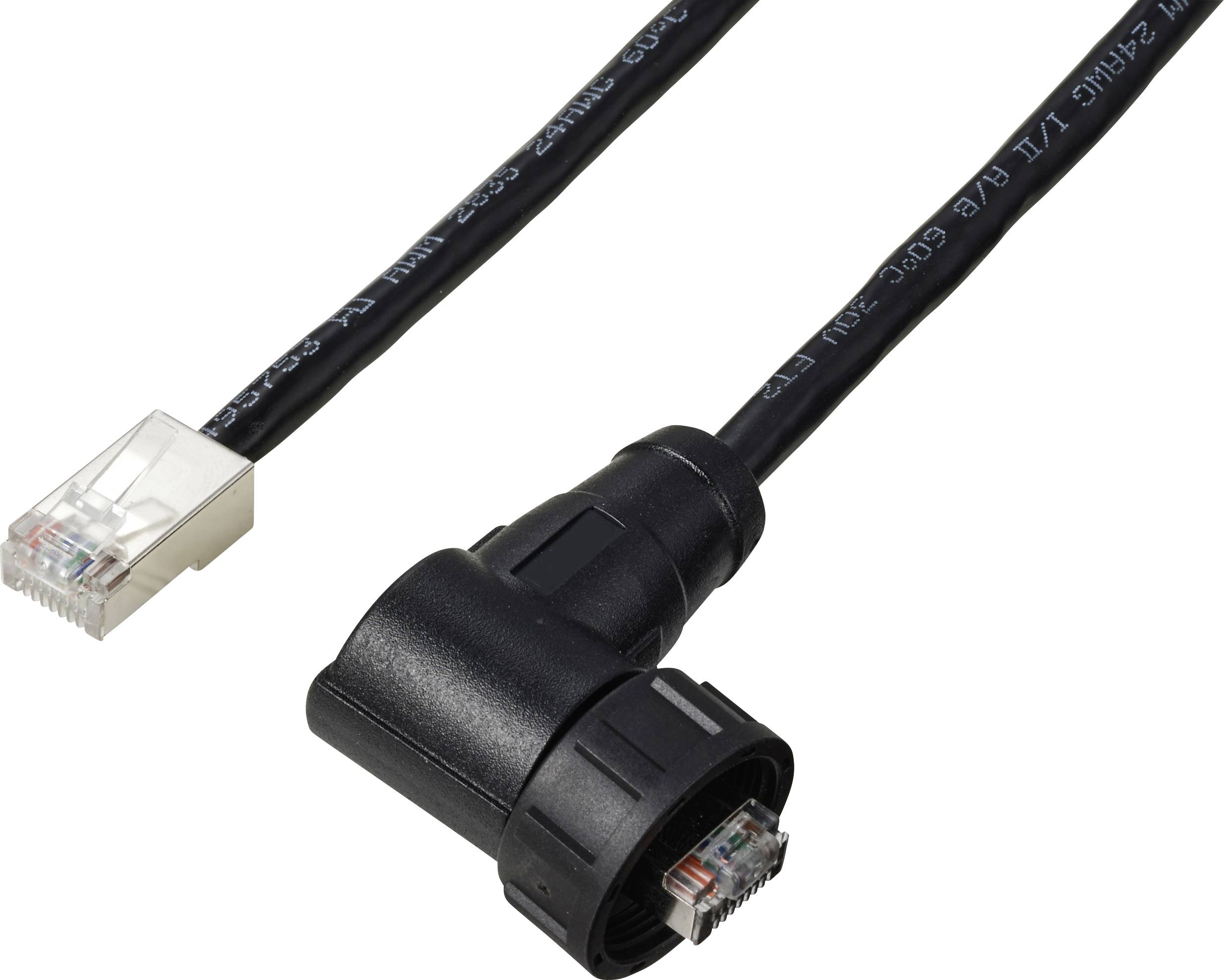 Ein schwarzes Ethernet-Kabel mit einem rechtwinkligen Stecker auf der einen Seite und einem transparenten RJ45-Stecker auf der anderen.