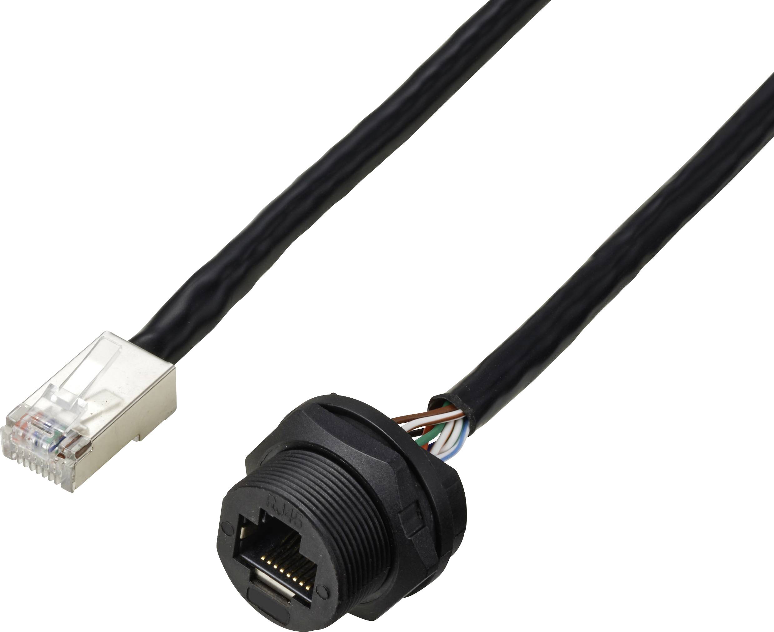 Ein Ethernet-Kabel mit RJ45-Stecker und Wasser-/Staubschutzbuchse, geeignet für raue Umgebungen.