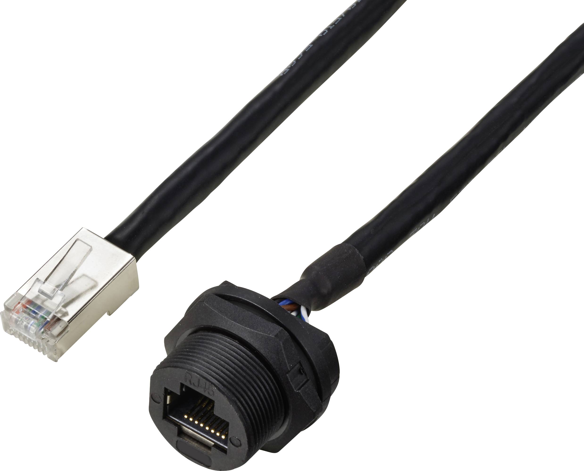 Netzwerkkabel mit RJ45-Stecker auf einer Seite und wassergeschützter Buchse auf der anderen, für industrielle Anwendungen geeignet.