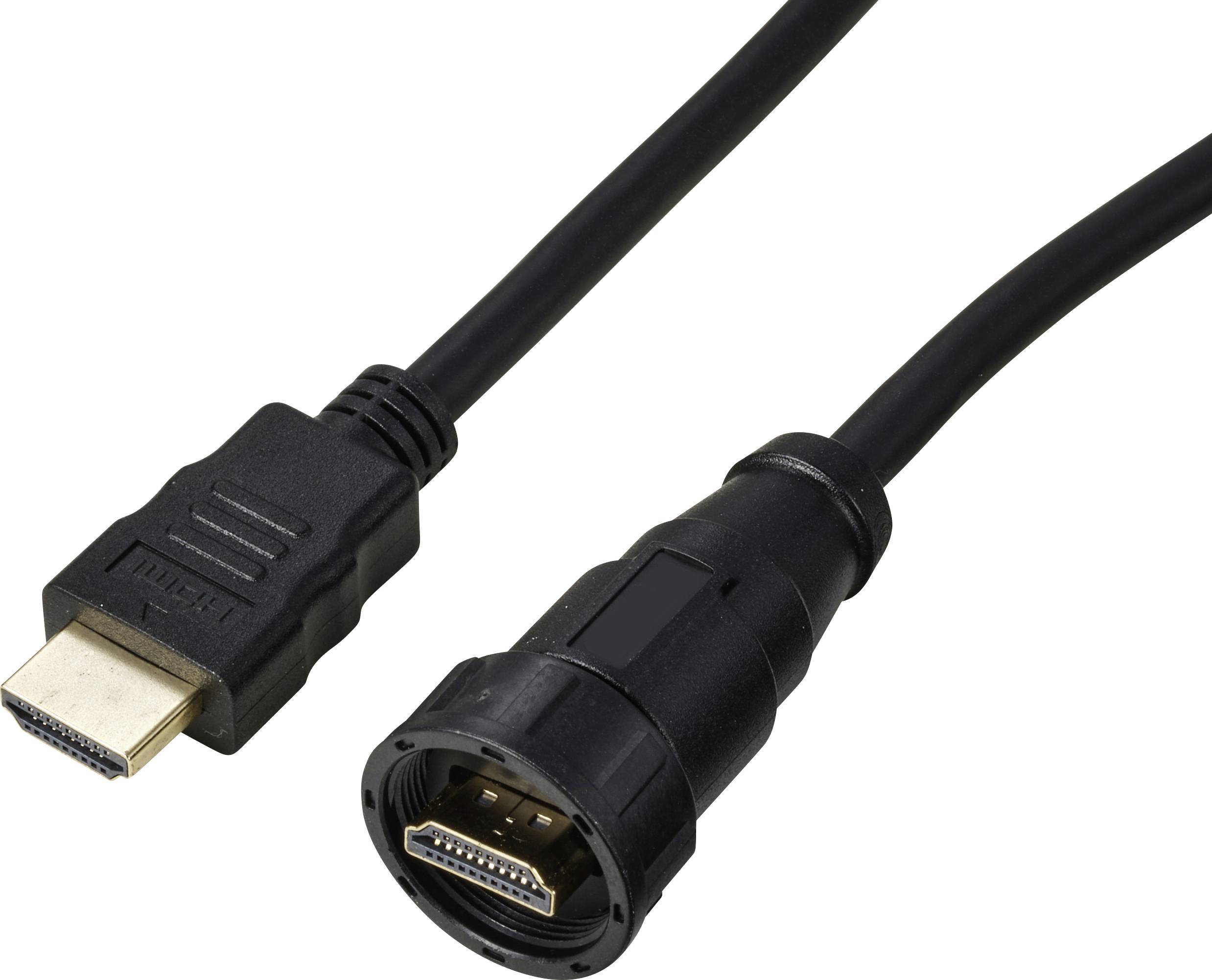 Ein HDMI-Kabel mit männlichem und weiblichem Anschluss, verwendet für die Übertragung von Audio- und Videosignalen zwischen Geräten.
