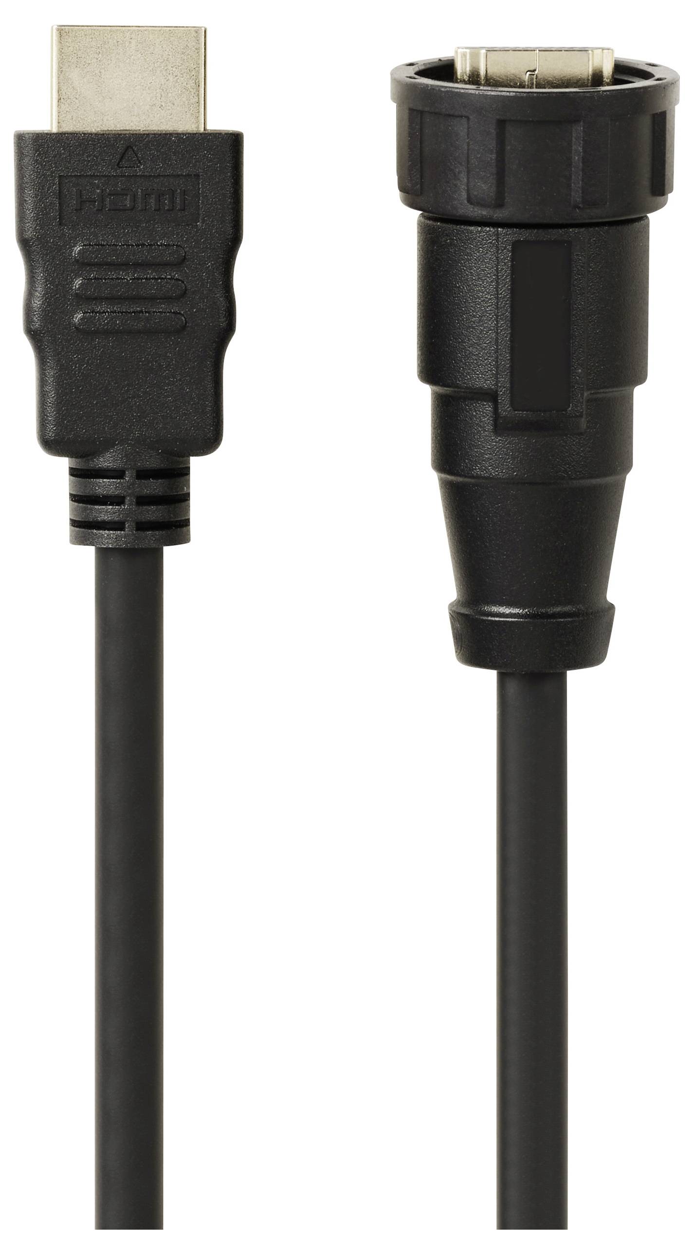 Ein HDMI-Stecker neben einem robusten, industriellen Steckverbinder.