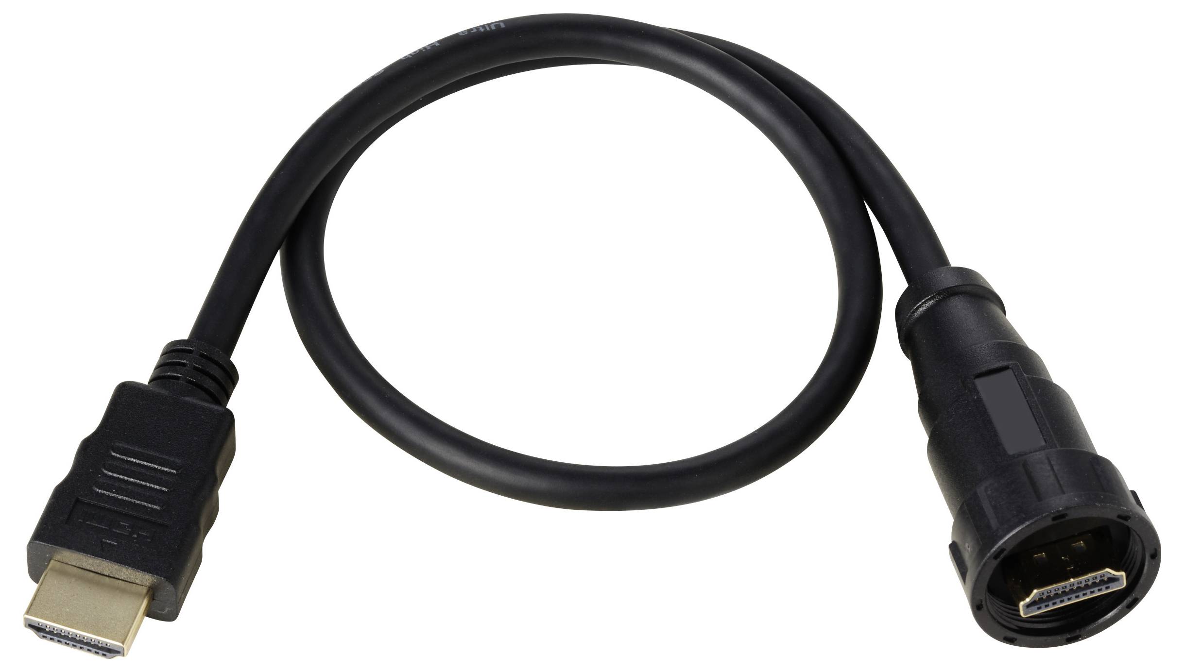 Ein schwarzes Adapterkabel mit HDMI-Stecker und einem anderen runden Steckverbinder, geeignet zur Verbindung verschiedener Geräte.