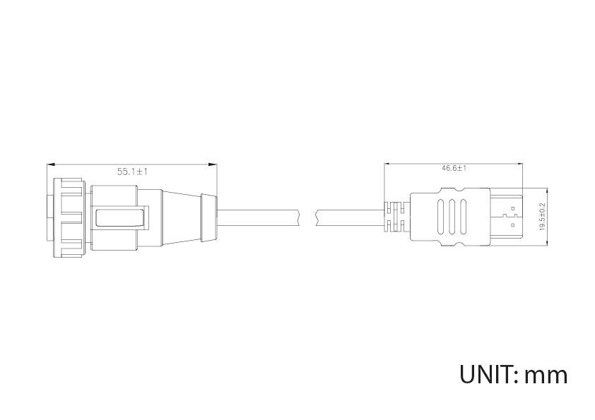 Technische Zeichnung eines USB-Kabels mit Maßen: linke Seite 55,1 mm, rechte Seite 46,6 mm. Einheit: mm.
