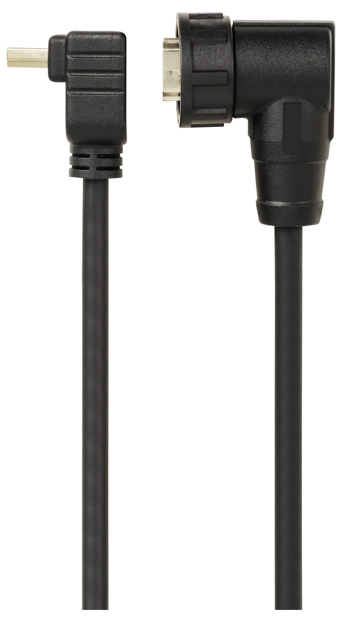 Zwei Stecker eines schwarzen Kabels, ein gerader und ein rechtwinkliger, nebeneinander. Der rechtwinklige Stecker zeigt nach rechts.