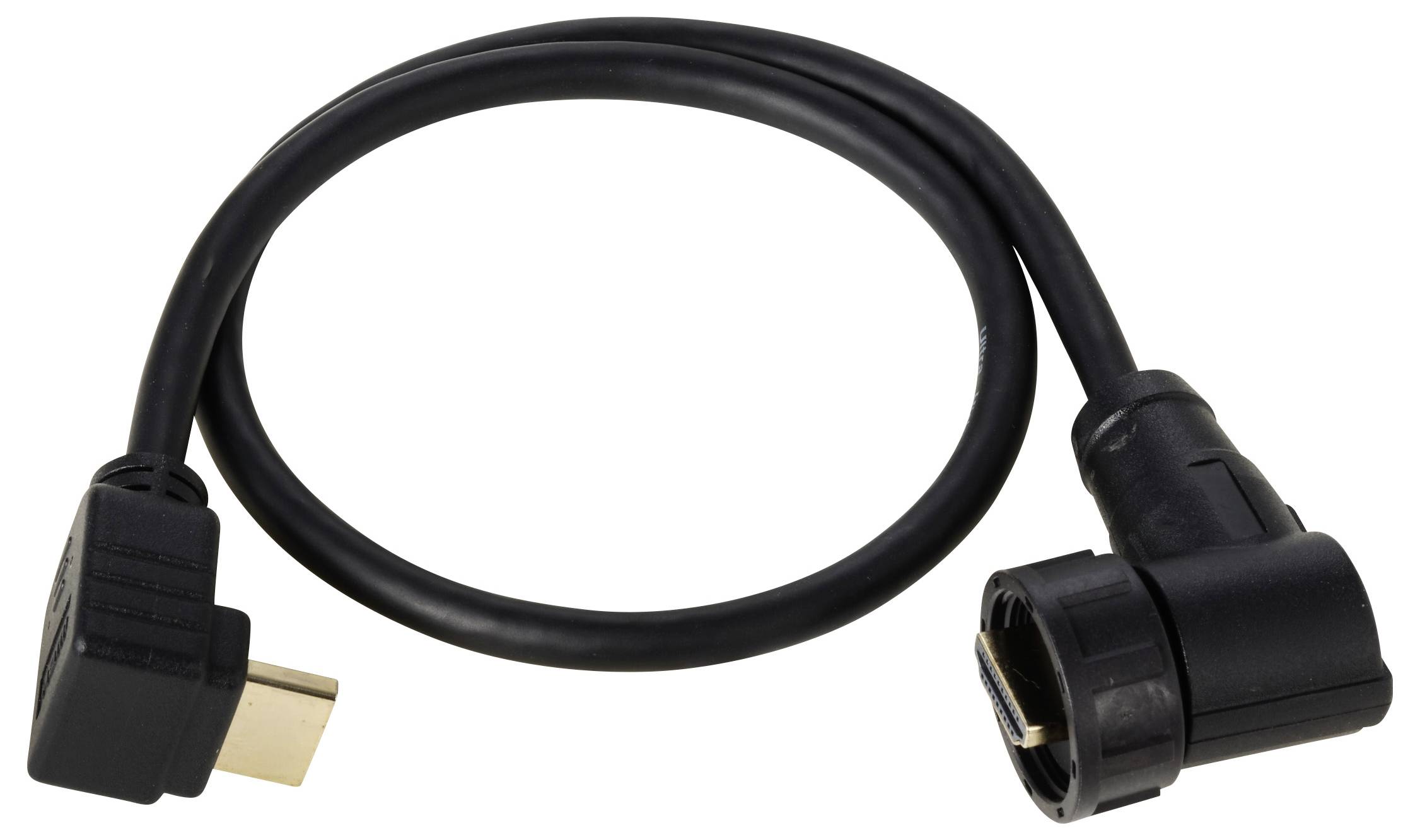 Schwarzes HDMI-Kabel mit gewinkelten Steckern, geeignet für den Anschluss von Multimedia-Geräten an Bildschirme oder Projektoren.