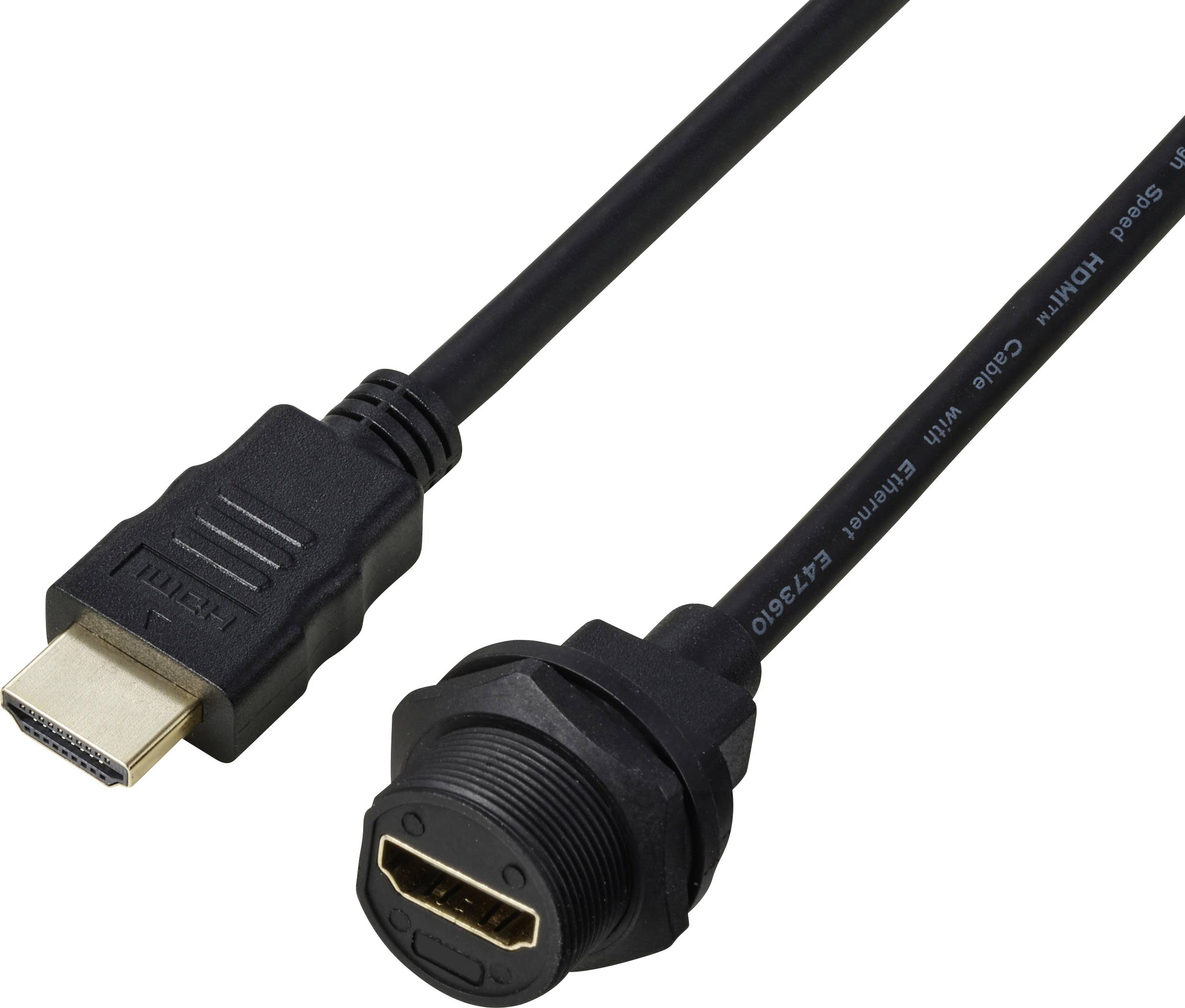 Schwarzes HDMI-Kabel mit einem Standardstecker auf der einen Seite und einer wasserdichten Anschlussbuchse auf der anderen Seite.
