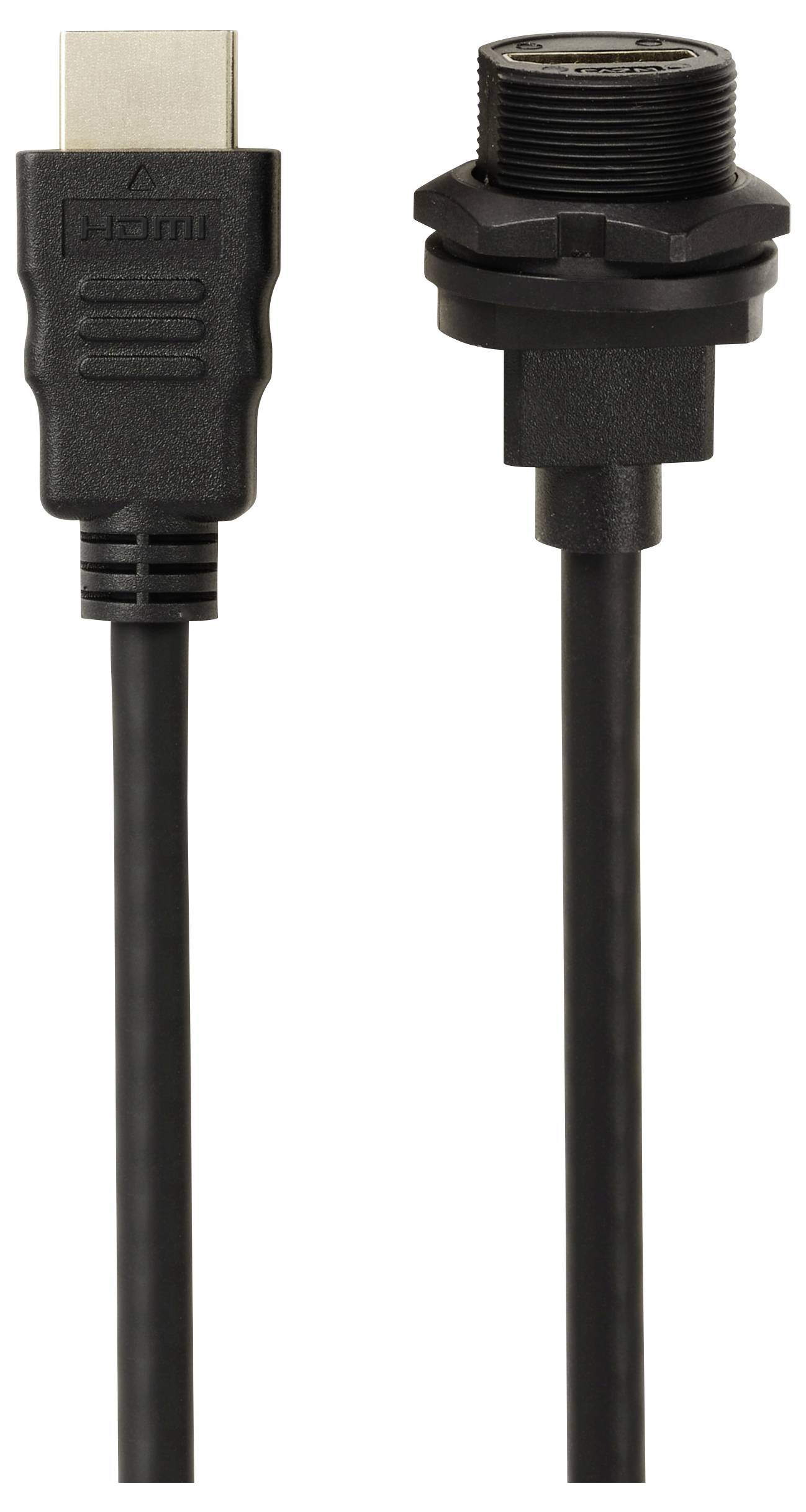 Ein HDMI-Stecker neben einer robusten schwarzen Buchse, wahrscheinlich für den Einsatz in industriellen oder wettergeschützten Umgebungen.