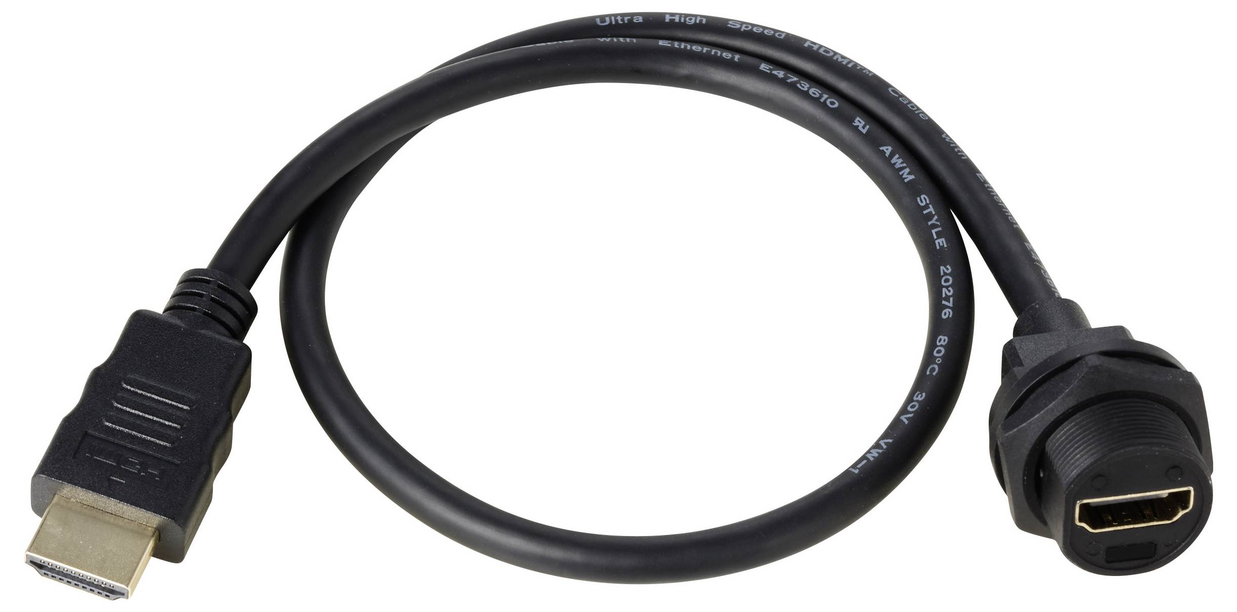 HDMI-Kabel mit einem männlichen und einem weiblichen Anschluss, geeignet für den Anschluss von Audiogeräten und Bildschirmen.