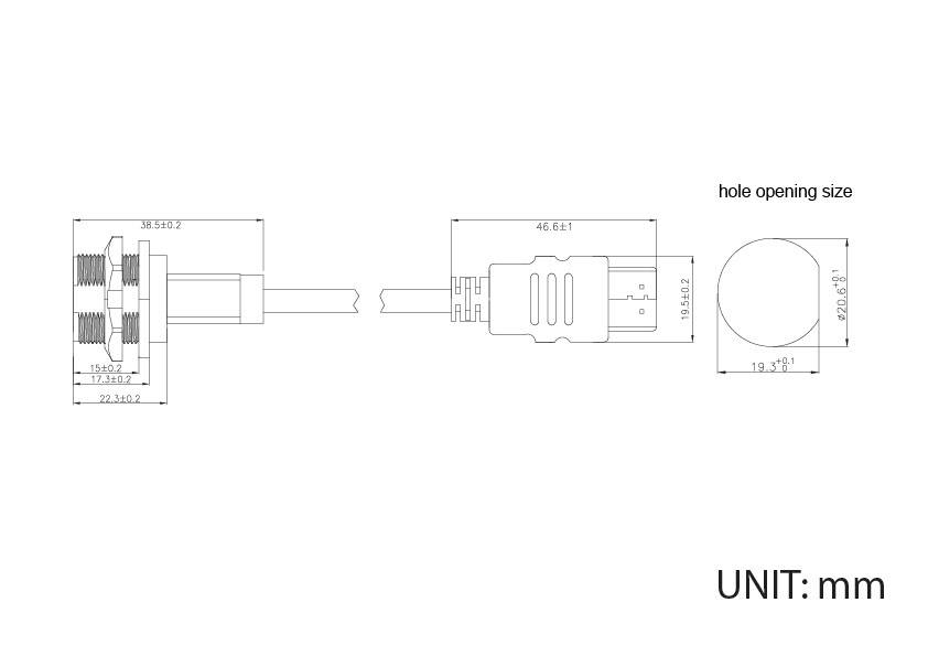 Technische Zeichnung eines Steckverbinders mit Abmessungen in Millimetern, inkl. Anschlussdetails und Bohrungsdurchmesser.