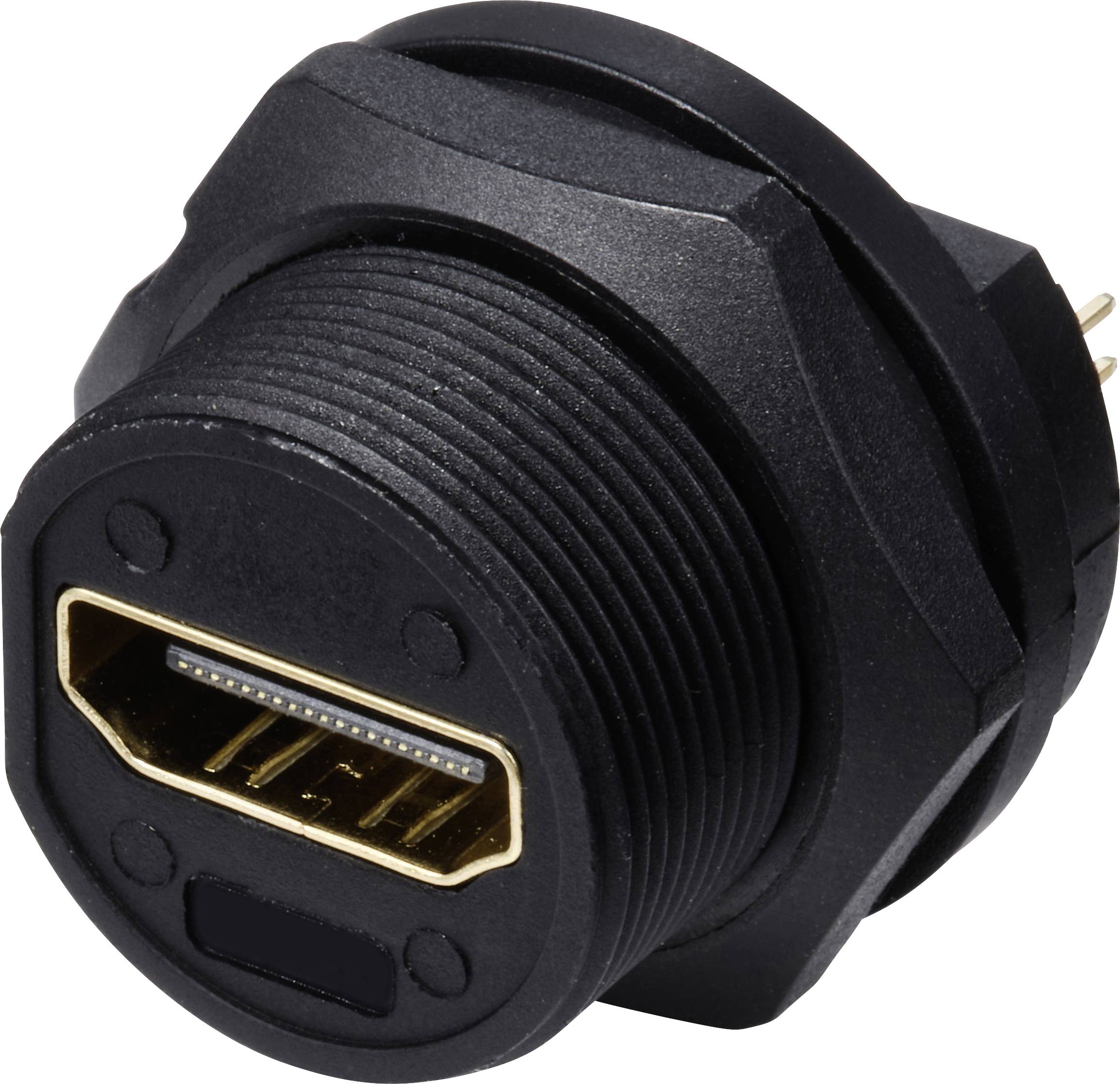 Ein schwarzer HDMI-Anschluss, geeignet zur Panelmontage, zeigt die goldene Buchse für digitale Audio- und Videoübertragung.