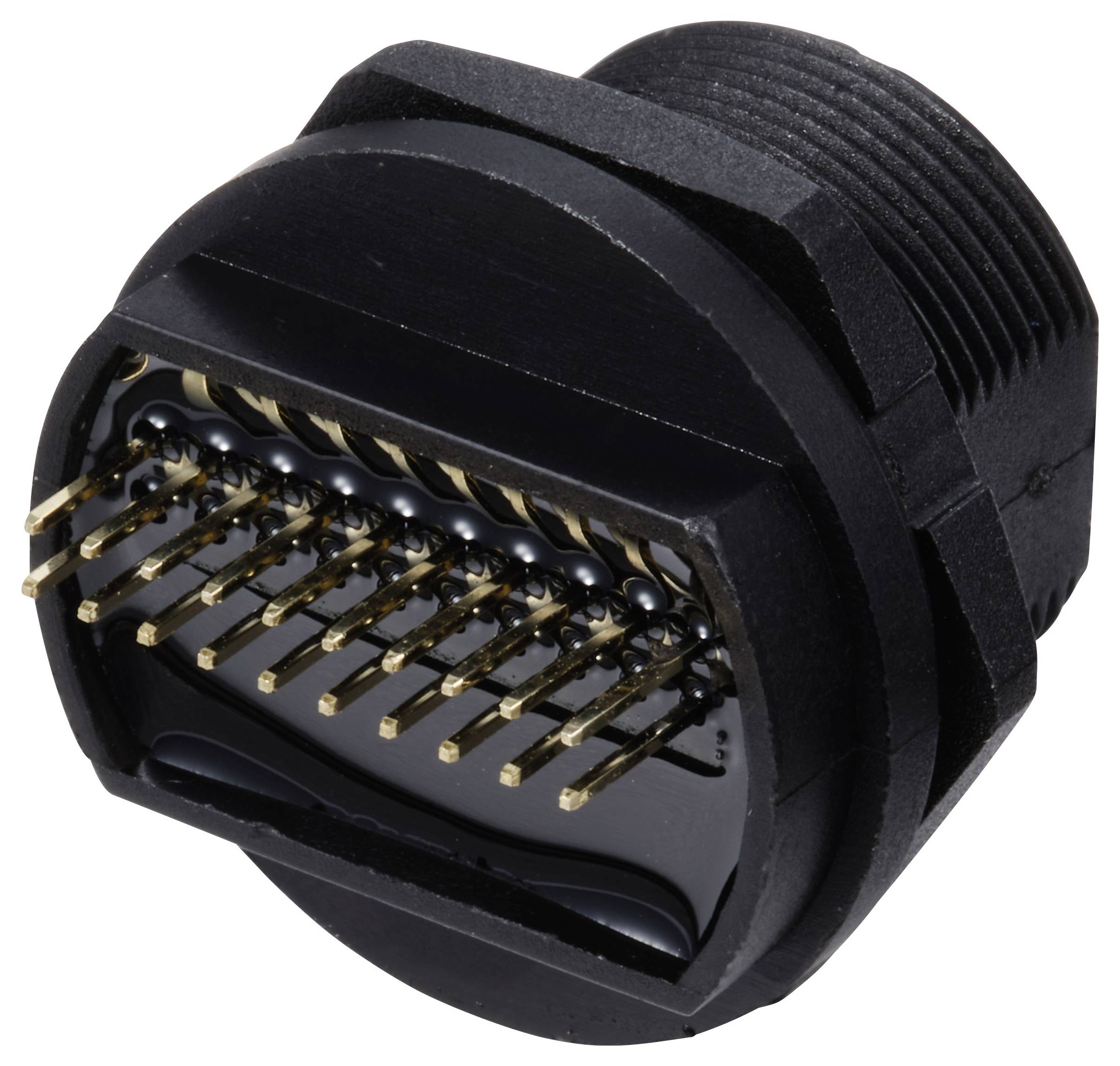 Ein schwarzer, runder elektrischer Stecker mit mehreren goldenen Pins, geeignet für den Einsatz in elektronischen Geräten.