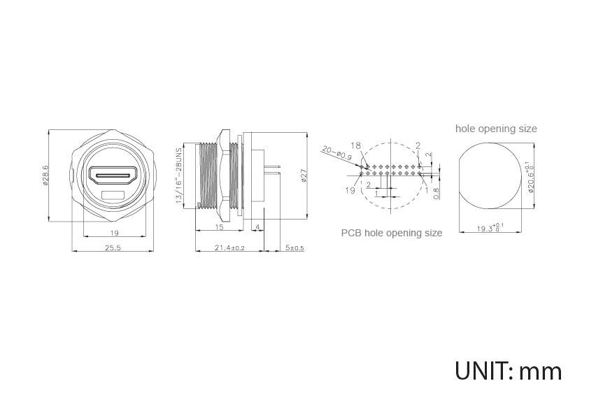 Technische Zeichnung eines USB-C-Anschlusses mit Maßangaben in Millimetern: Frontansicht, Seitenansicht und Bohrungsdetails.
