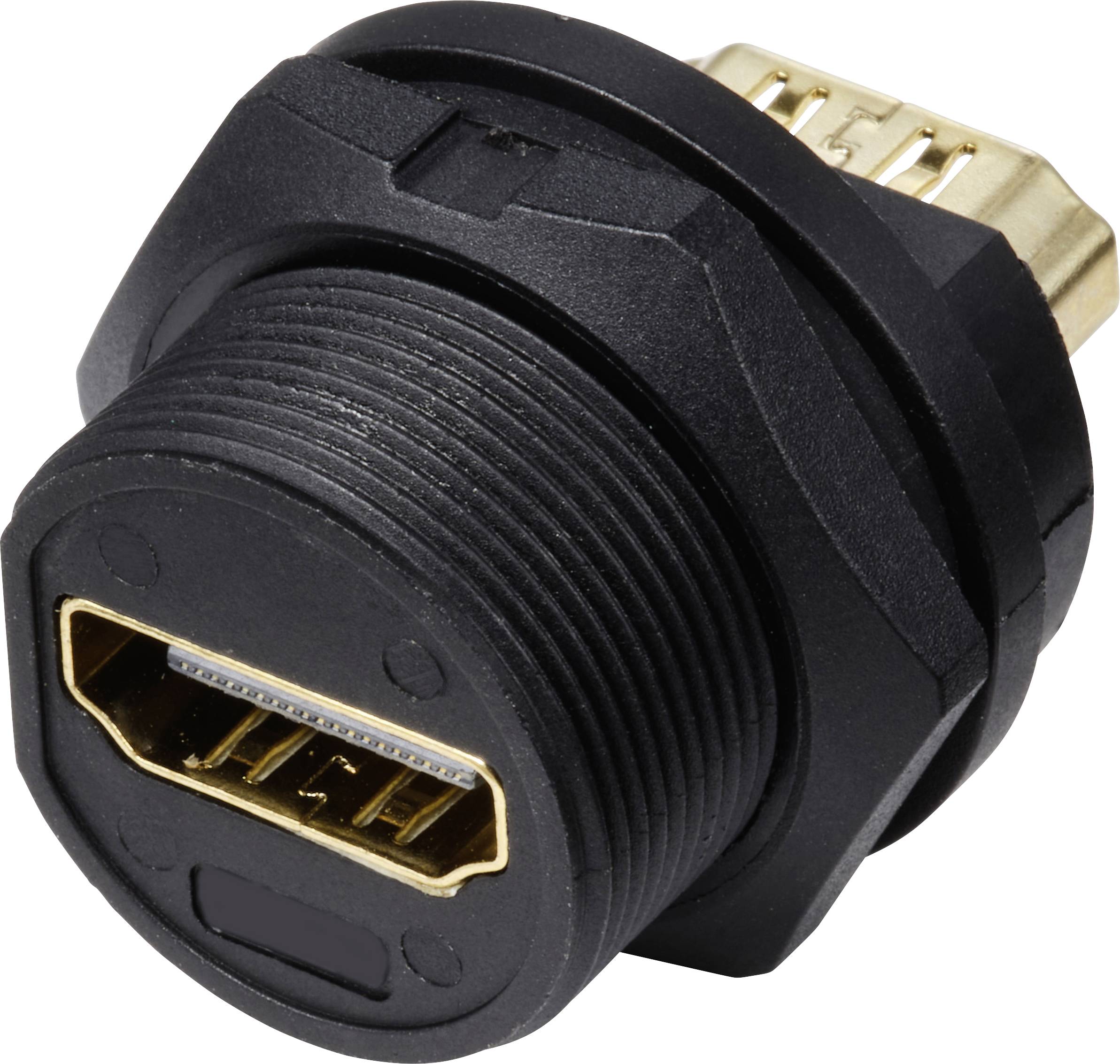 Ein HDMI-Buchsenstecker in schwarzem Kunststoffgehäuse. Zeigt die Pins im Inneren. Geeignet für kabelgebundene audiovisuelle Verbindungen.