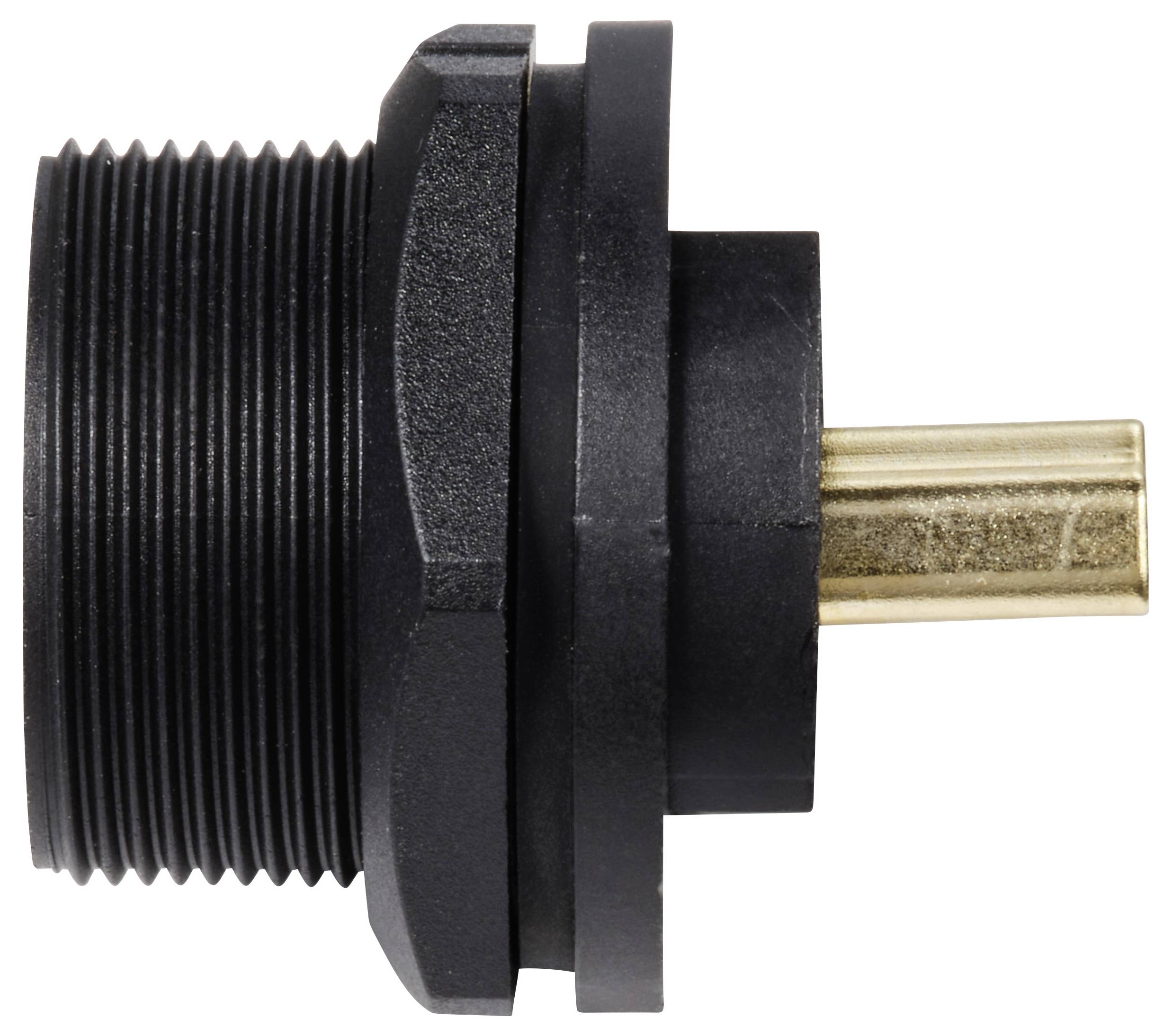 Ein schwarzer, zylindrischer Plastikstecker mit goldener Metallspitze, wahrscheinlich ein elektrischer oder mechanischer Adapter.