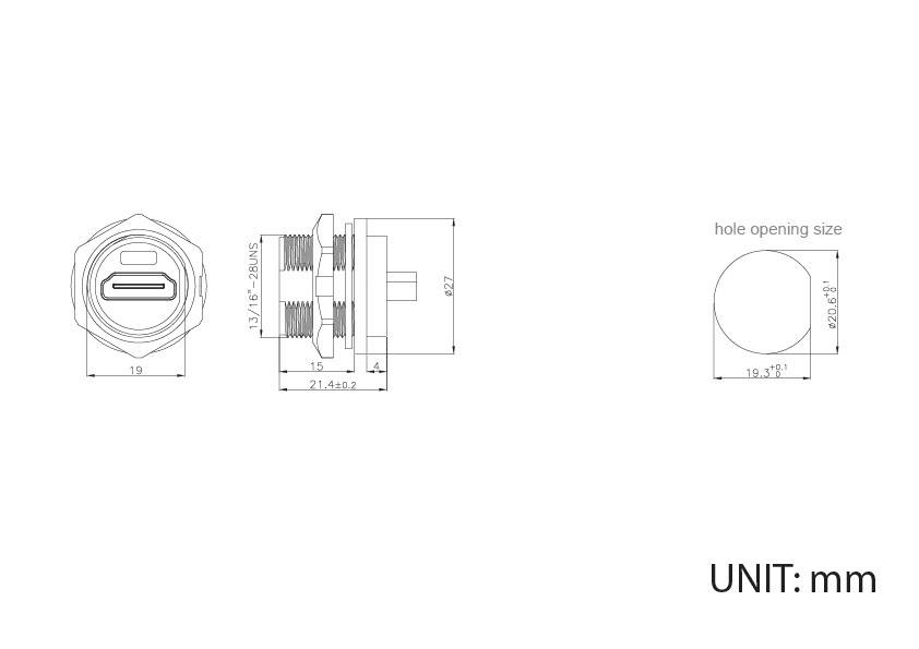 Technische Zeichnung eines runden Steckverbinders mit Maßen: Durchmesser 19 mm, Länge 21,6 mm. Lochöffnung 20,6 mm. Einheit in mm.