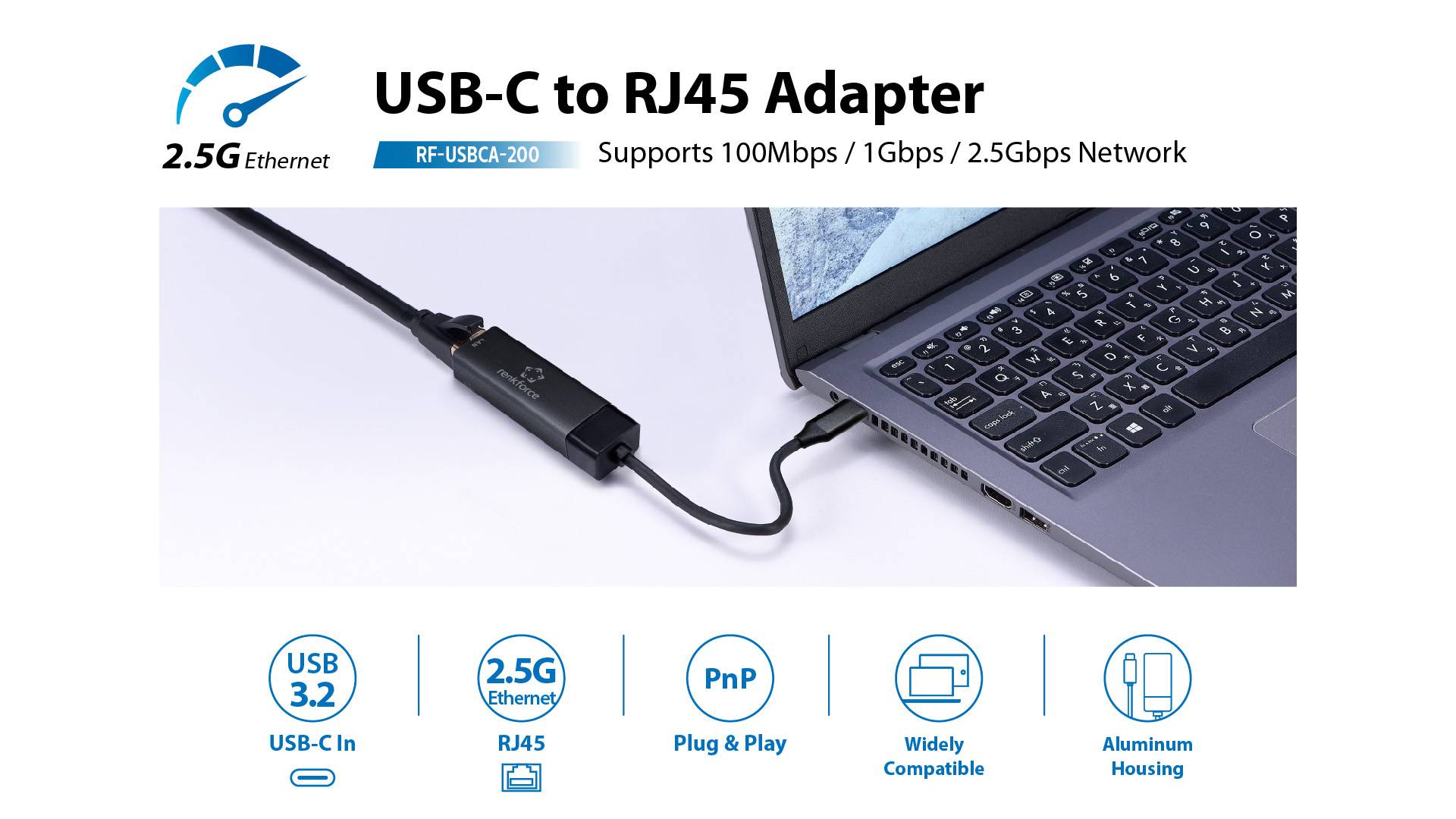 Ein USB-C-zu-RJ45-Adapter ist mit einem Laptop verbunden. Unterstützt 100Mbps, 1Gbps, 2.5Gbps Netzwerk. Funktionen: USB-C-Eingang, Aluminiumgehäuse, Plug-and-Play.