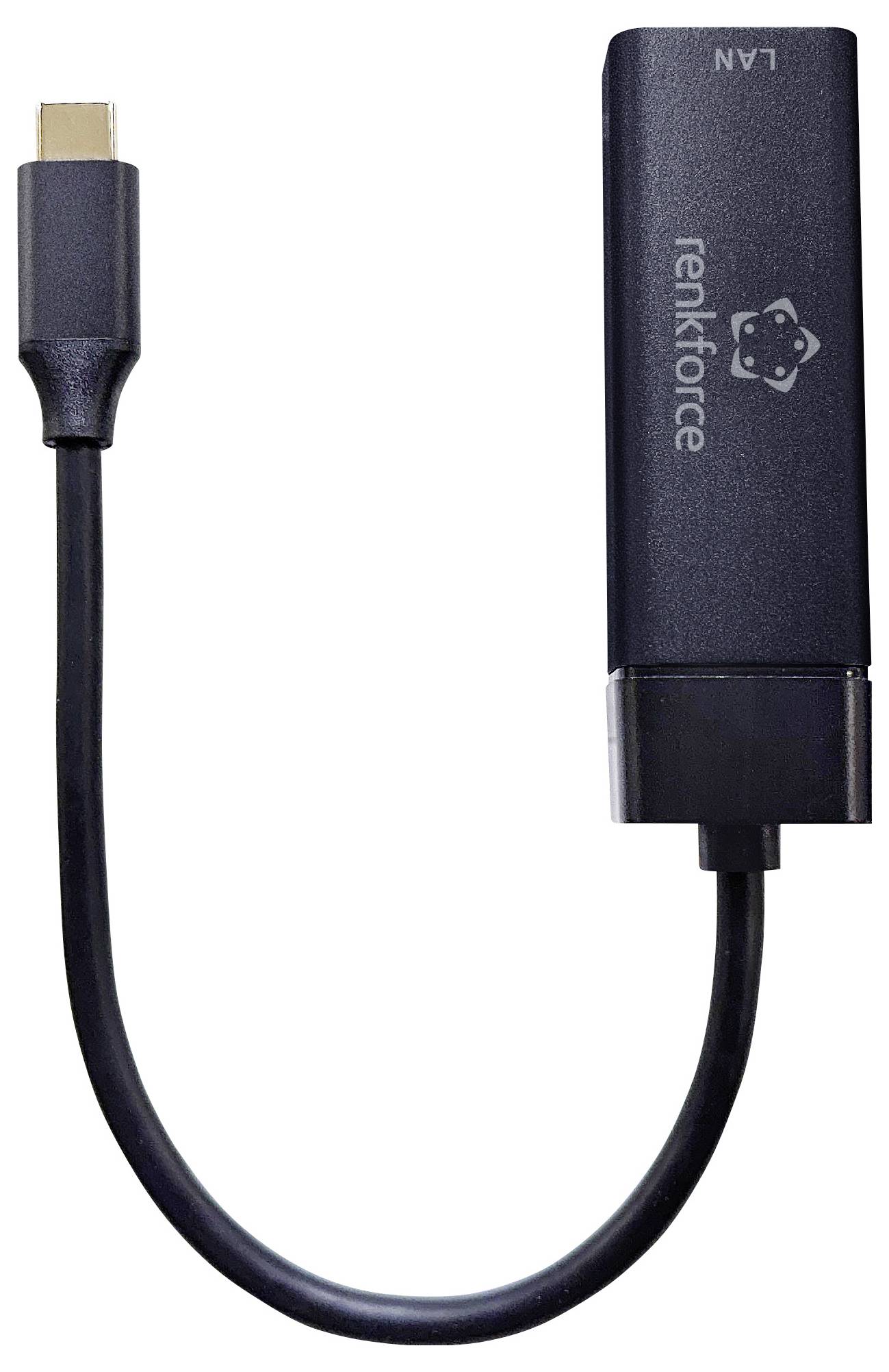 USB-C-zu-LAN-Adapter von Renkforce, schwarzes Design, Kabel verbunden, nutzt USB-C-Anschluss zur Netzwerkverbindung über LAN.