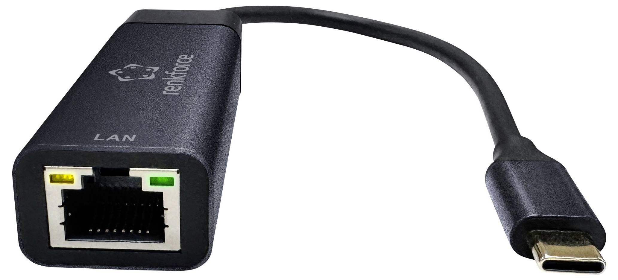 USB-C auf LAN-Adapter mit einem Ethernet-Port am einen Ende und einem USB-C-Stecker am anderen Ende, verbindet Geräte mit kabelgebundenem Netzwerk.