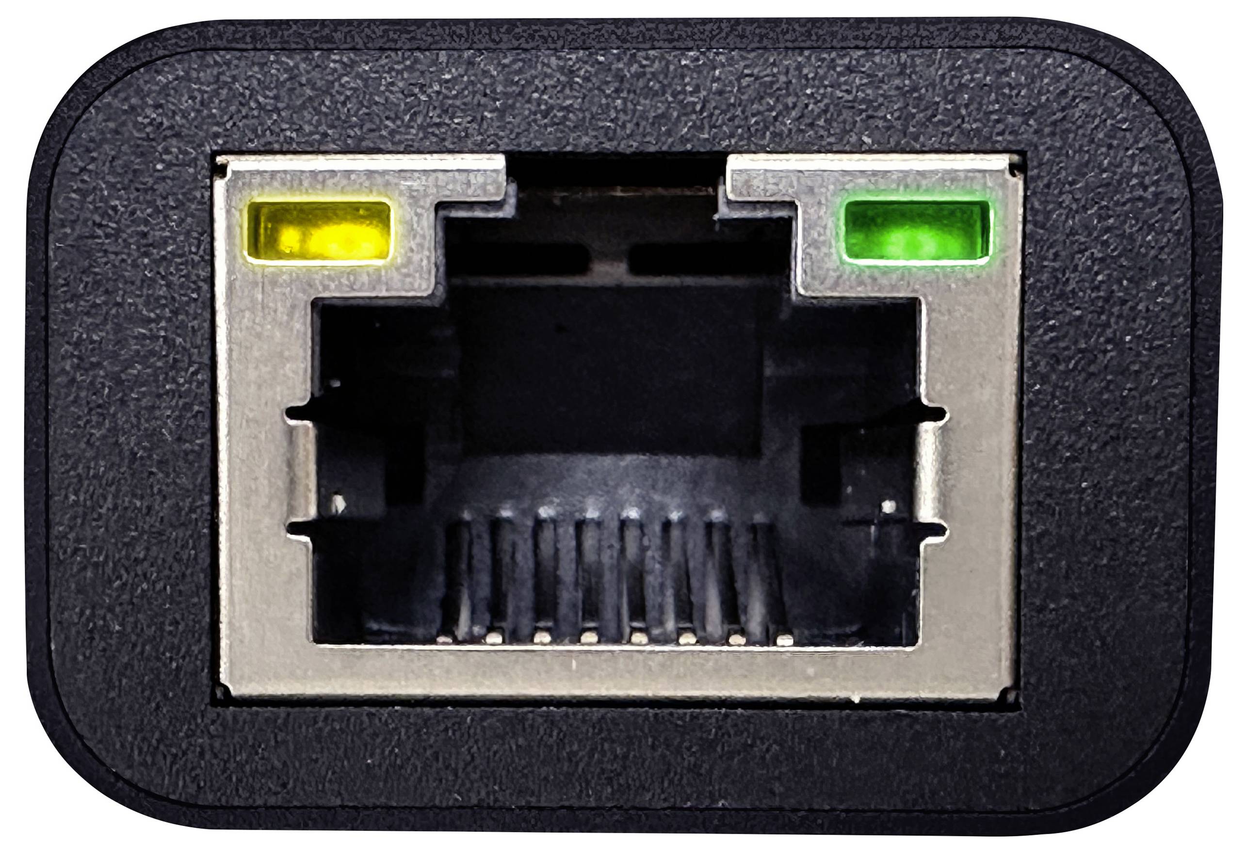 Ein Ethernet-Port mit gelber und grüner LED, die den Netzwerkstatus anzeigen.