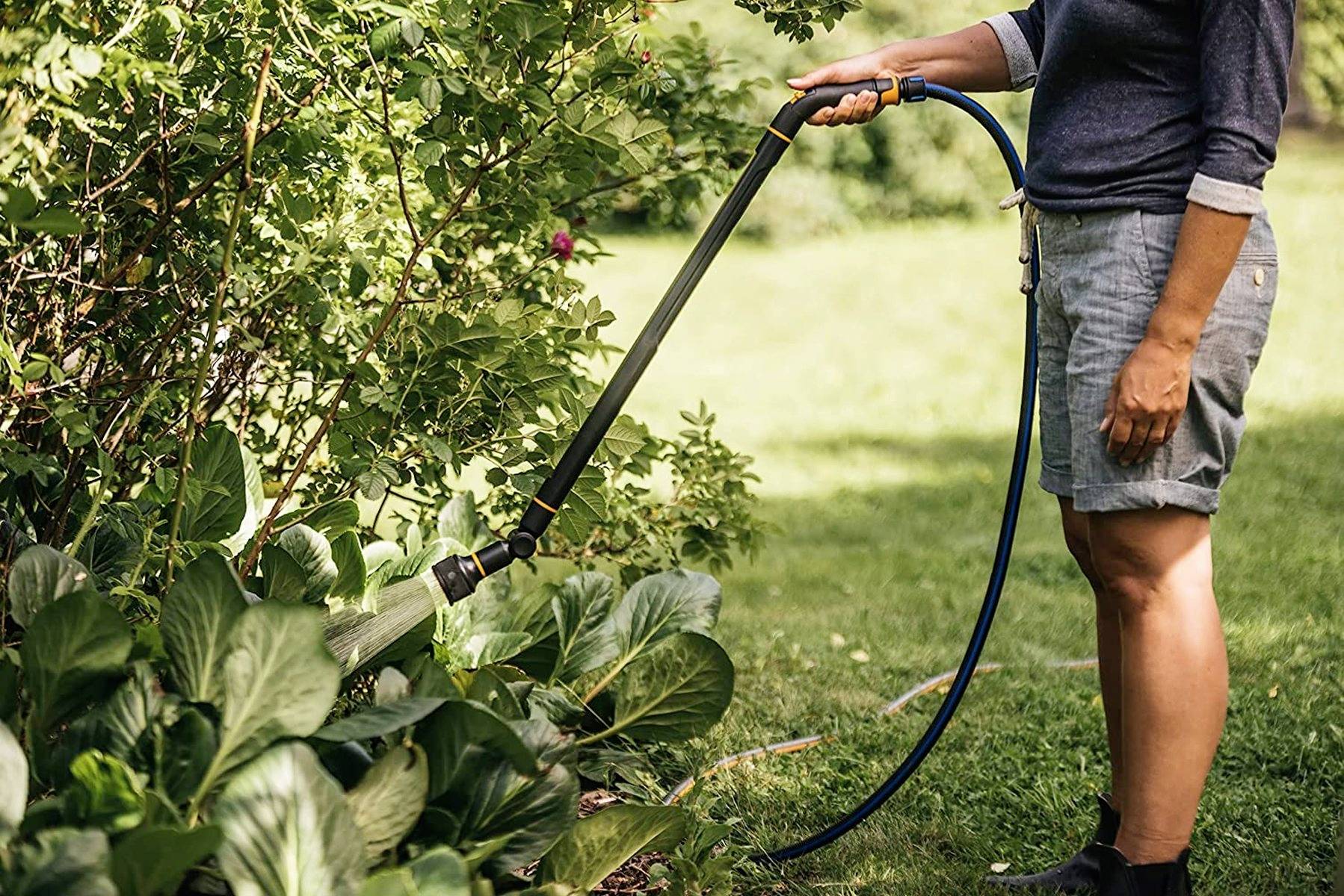 Eine Person gießt Pflanzen mit einem Gartenschlauch in einem Garten. Sie trägt Freizeitkleidung und steht auf einer grünen Wiese.