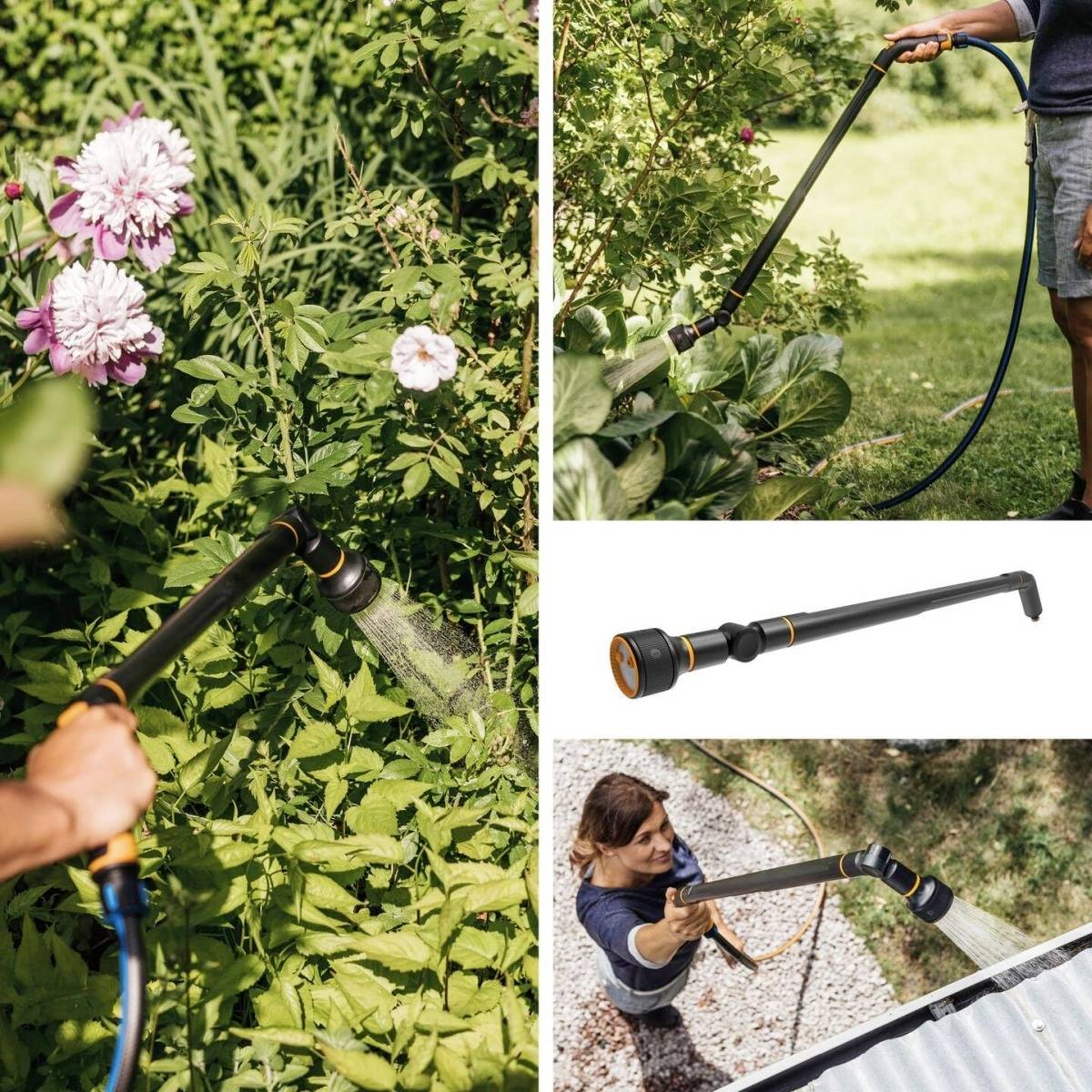 Person bewässert Gartenpflanzen mit einem ausziehbaren Gießstab. Der Stab hat einen verstellbaren Kopf für gezielte Bewässerung.