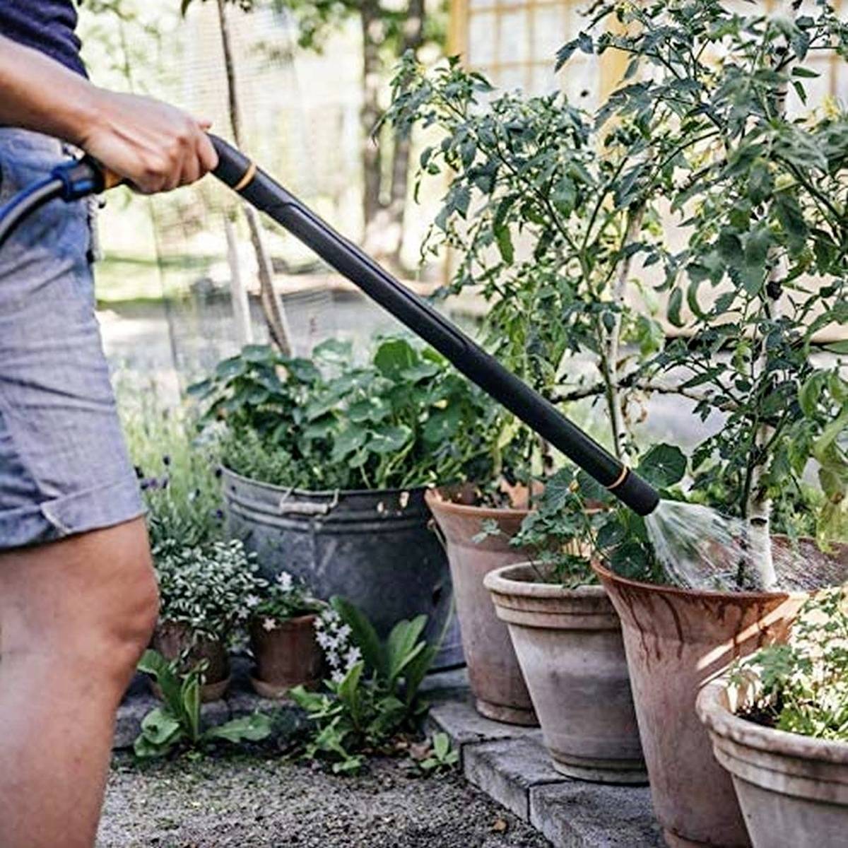 Eine Person gießt Pflanzen in Töpfen mit einem Wasserschlauch in einem Garten. Im Hintergrund sind weitere grüne Pflanzen sichtbar.