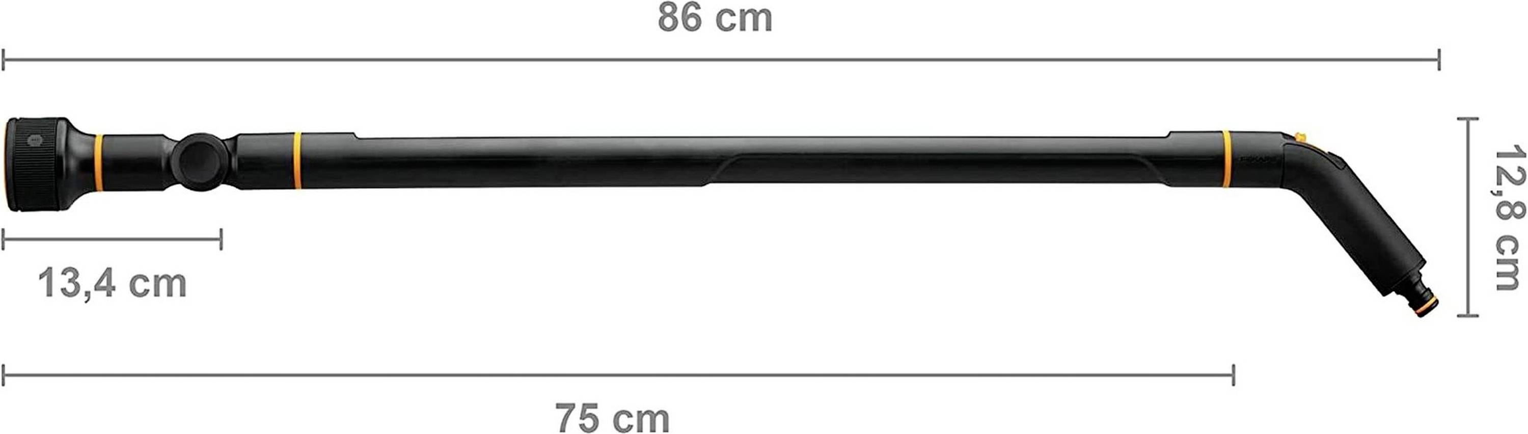Langer, schwarzer Schlauch mit orangenen Akzenten und L-förmigem Ende. Maße: Länge 86 cm, gebogener Teil 12,8 cm.
