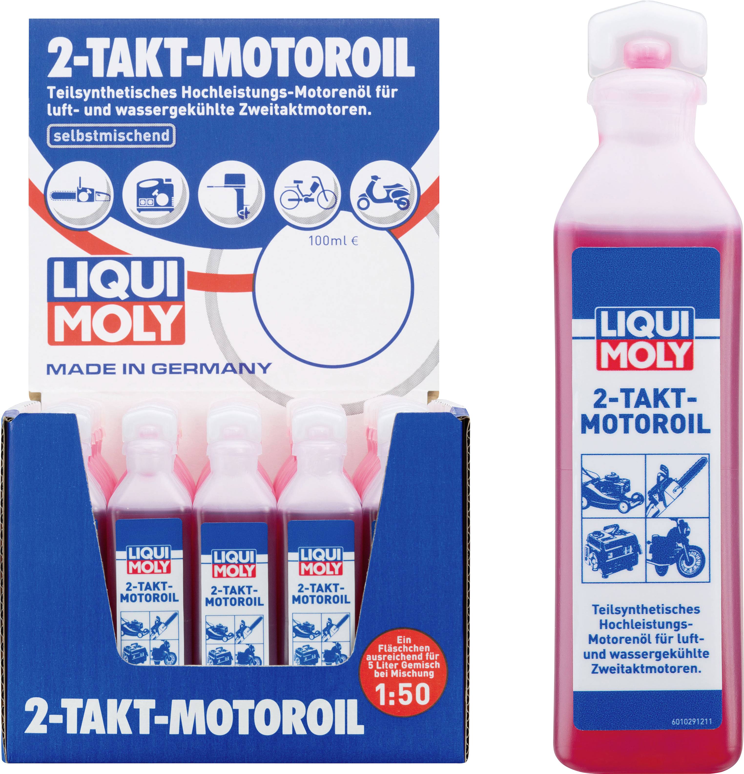 Im Bild sind zwei Verpackungen von Liqui Moly 2-Takt-Motoröl zu sehen. Links vier Flaschen in einer Box, rechts eine einzelne Flasche.