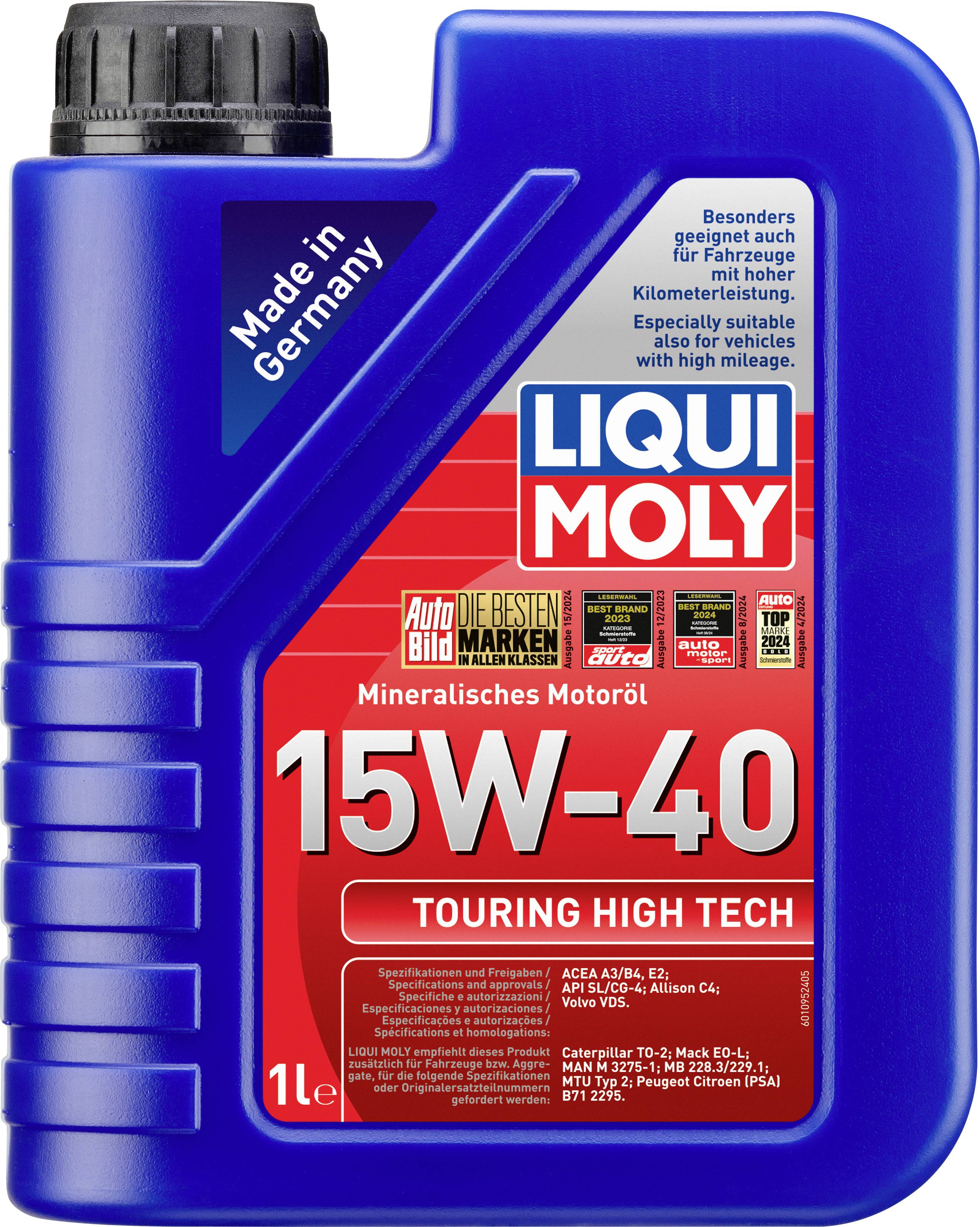 Ein 1-Liter-Behälter von 'LIQUI MOLY' 15W-40 mineralisches Motoröl, geeignet für viele Fahrzeugtypen. 'Made in Germany' steht prominent auf der Verpackung.