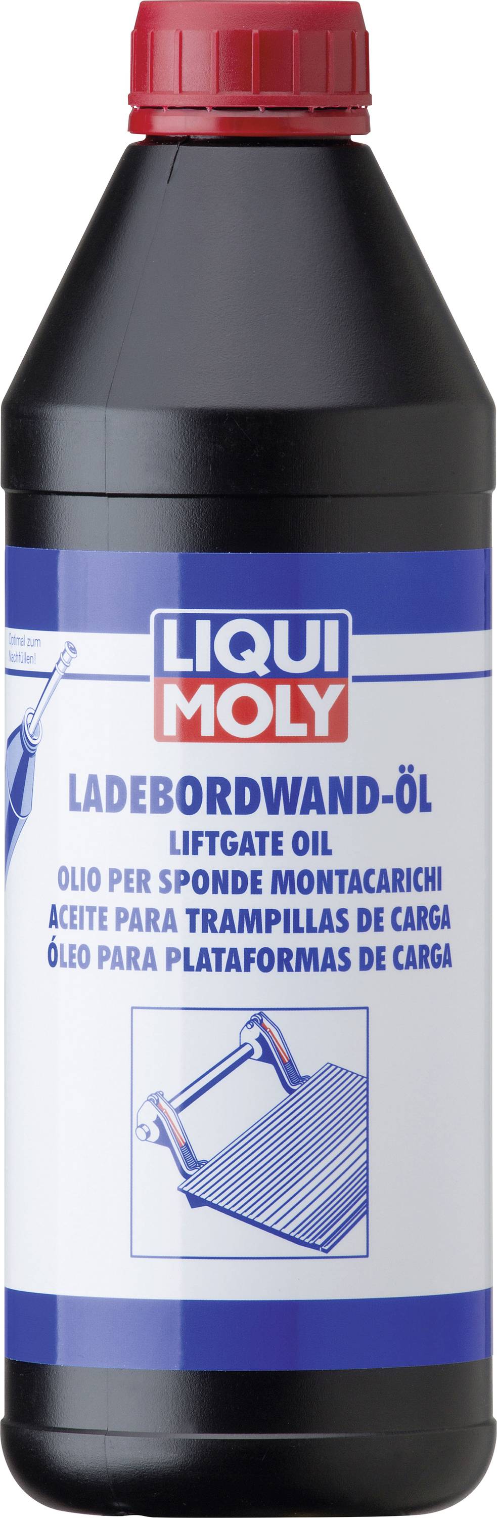 Flasche Liqui Moly Ladebordwand-Öl mit Etikett in mehreren Sprachen und Abbildung einer Hebebühne.