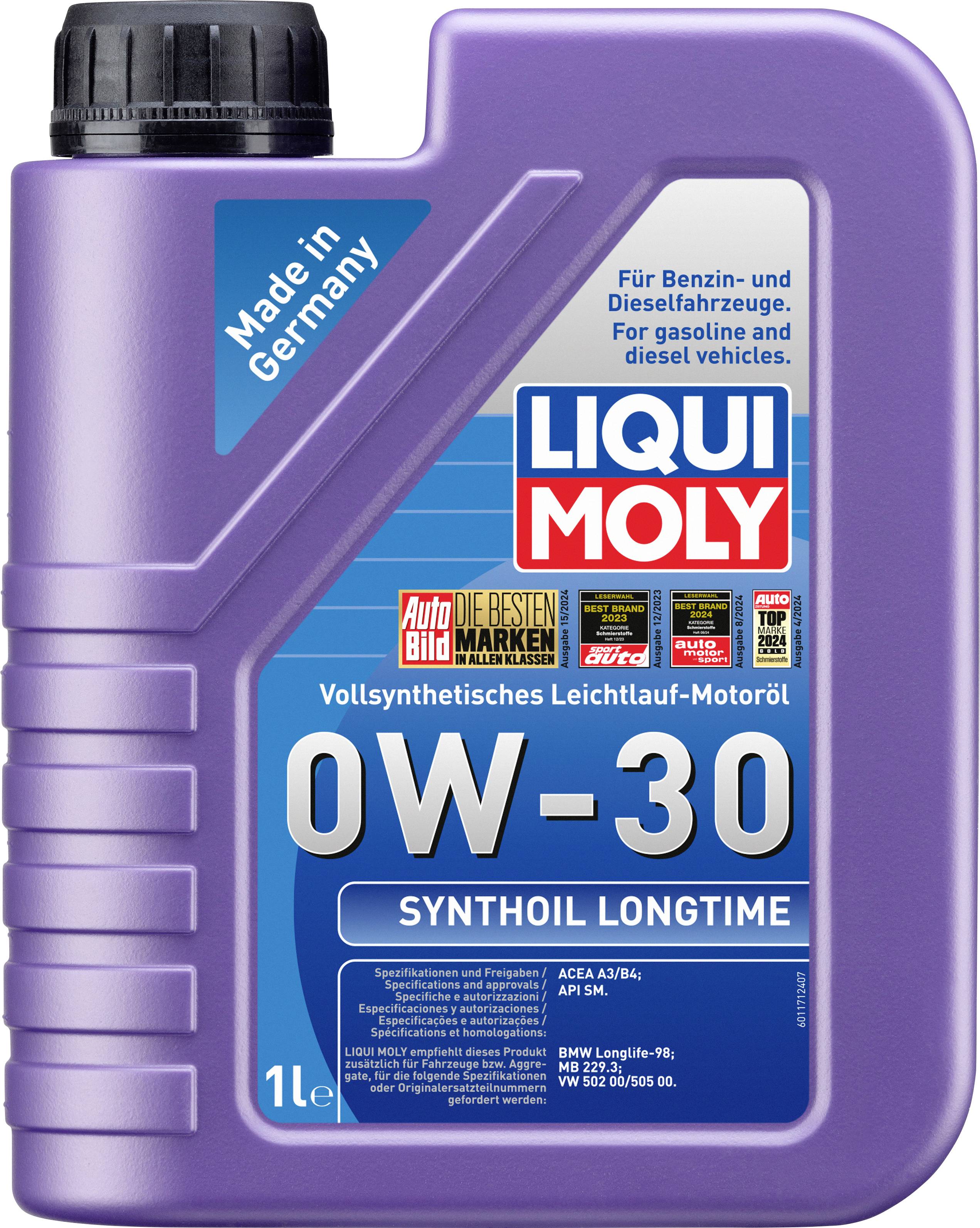 Lila Ölkanister mit der Aufschrift 'Liqui Moly 0W-30 Synthoil Longtime'. Geeignet für Benzin- und Dieselfahrzeuge. Made in Germany.