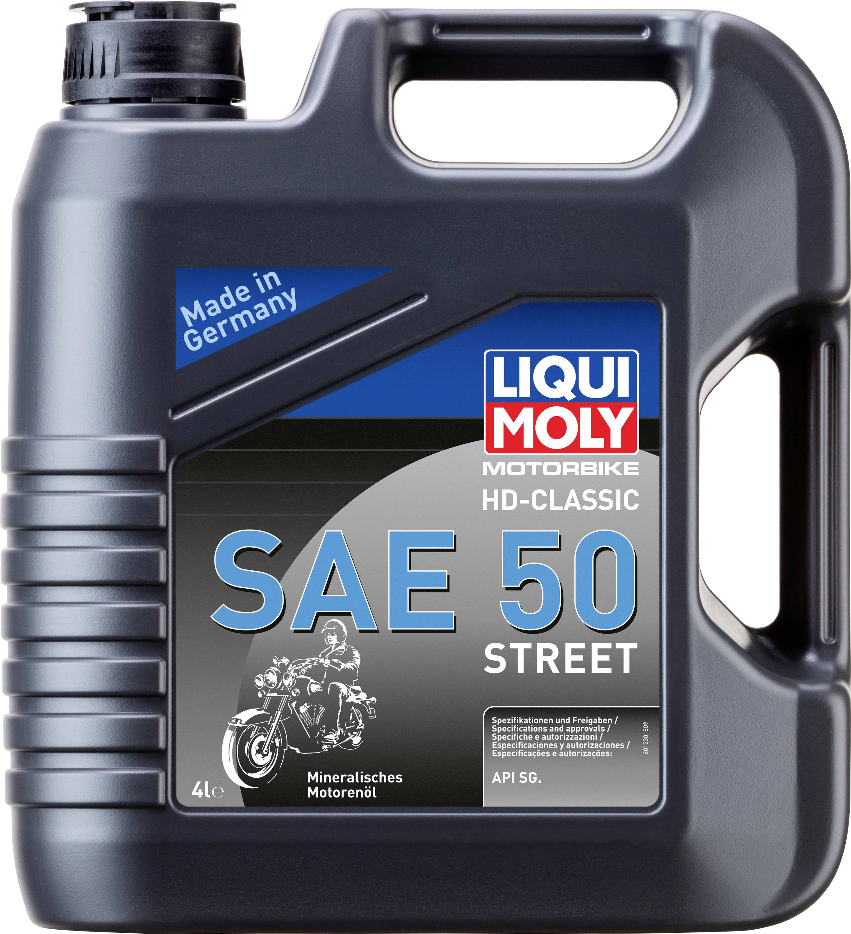 Kanister mit 'LIQUI MOLY Motorbike HD-Classic SAE 50' Öl, 4 Liter. Beschriftung: 'Made in Germany', geeignet für Motorräder.