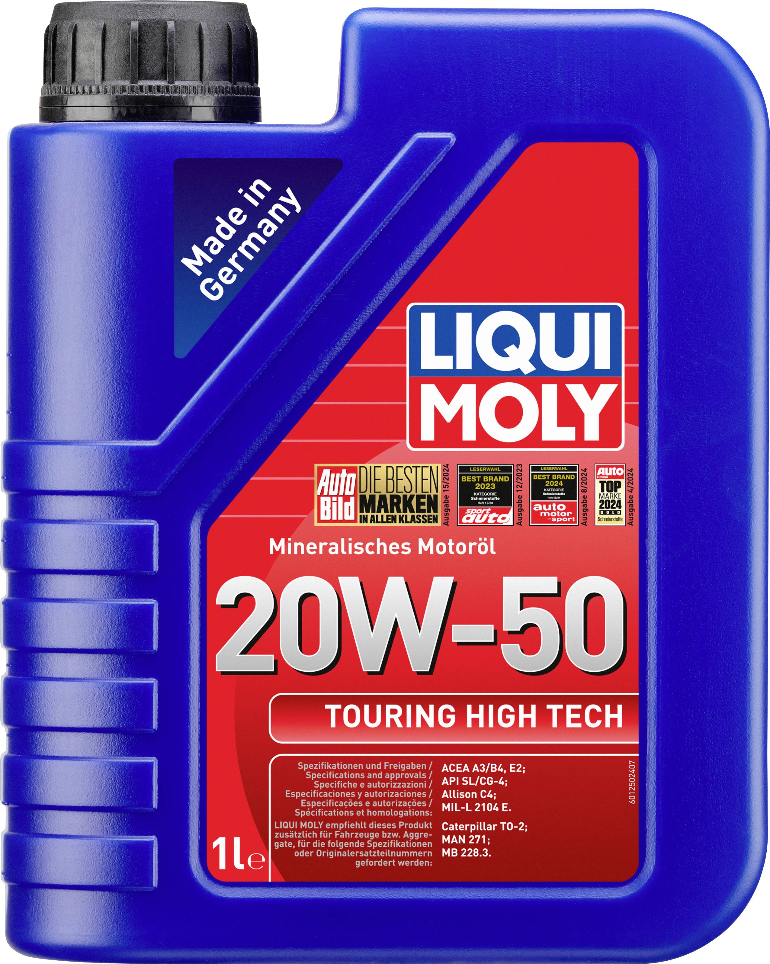 Ein blauer Kanister mit rotem Etikett von Liqui Moly für mineralisches Motoröl, 20W-50, 'Made in Germany', 1 Liter.