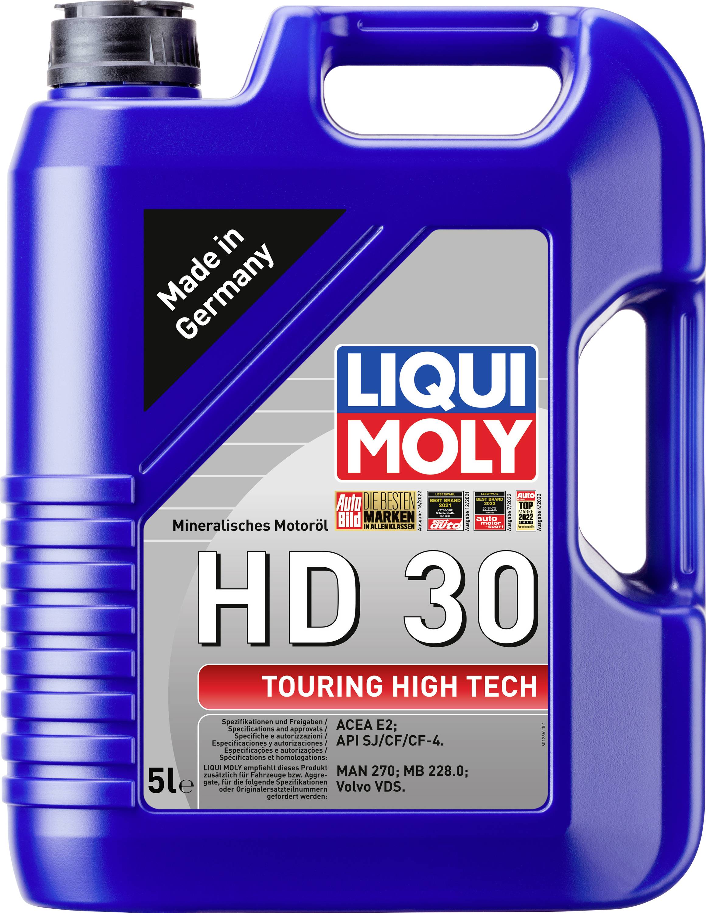 Ein blauer 5-Liter-Kanister mit 'Liqui Moly HD 30' Mineralöl für Motoren, gekennzeichnet als 'Made in Germany' und geeignet für ACEA E2.