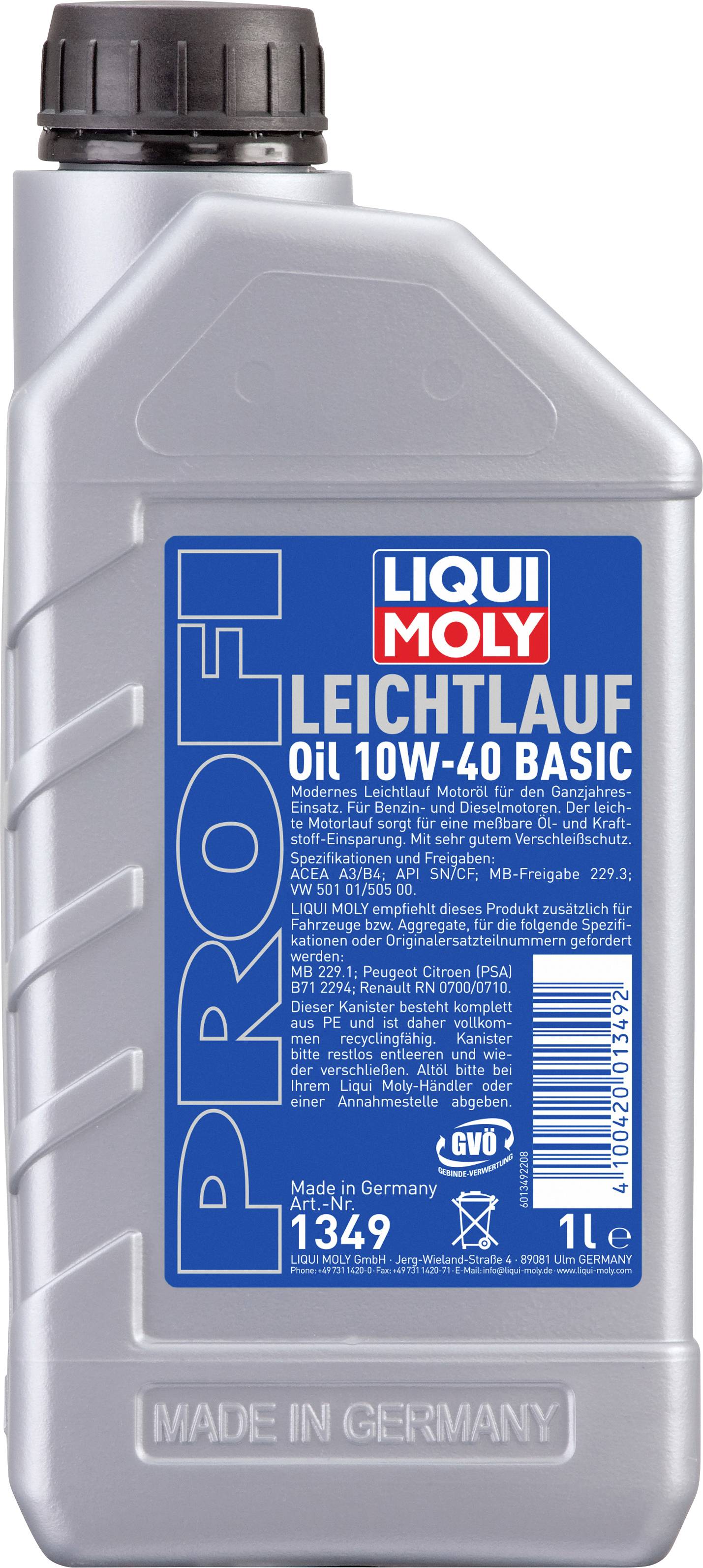 Eine Flasche Motoröl mit blauem Etikett der Marke Liqui Moly. Aufschrift: 'PROFI LEICHTLAUF Öl 10W-40 BASIC'. 1 Liter Inhalt.