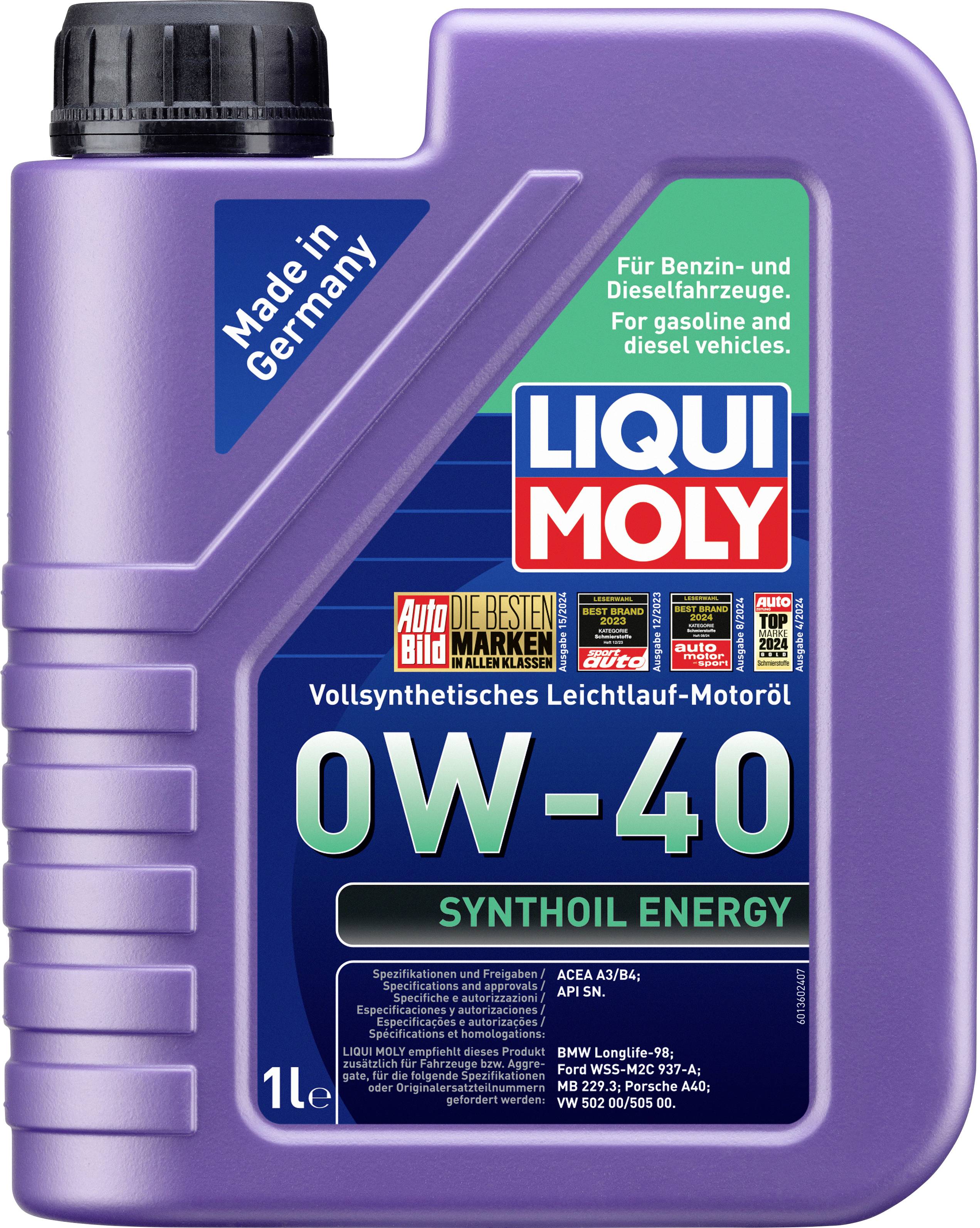 Lila Flasche vollsynthetisches Leichtlauf-Motoröl 0W-40 von Liqui Moly, 1L. Für Benzin- und Dieselfahrzeuge. Hergestellt in Deutschland.