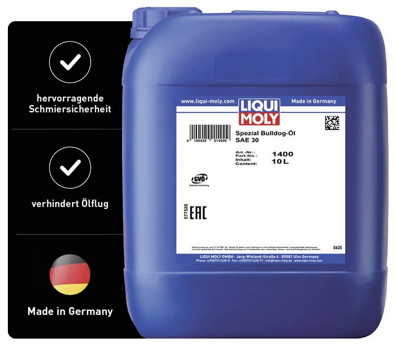 Ein blauer Kanister mit 'LIQUI MOLY Spezial Bulldog-Öl SAE 30'. Symbole für 'hervorragende Schmiersicherheit' und 'Made in Germany'.