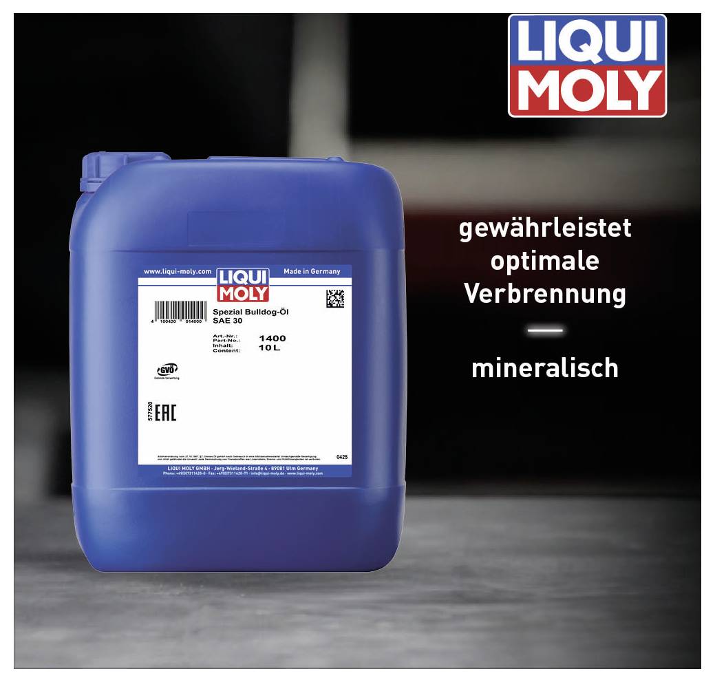 Ein blauer Kanister mit 'LIQUI MOLY' Logo. Text: 'gewährleistet optimale Verbrennung - mineralisch'. 10L Spezial-Öl für Boiler.