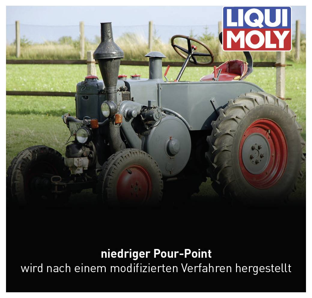 Traktor auf einer Wiese vor Holzzaun, mit 'Liqui Moly'-Logo oben rechts. Text unten: 'niedriger Pour-Point wird nach einem modifizierten Verfahren hergestellt'.